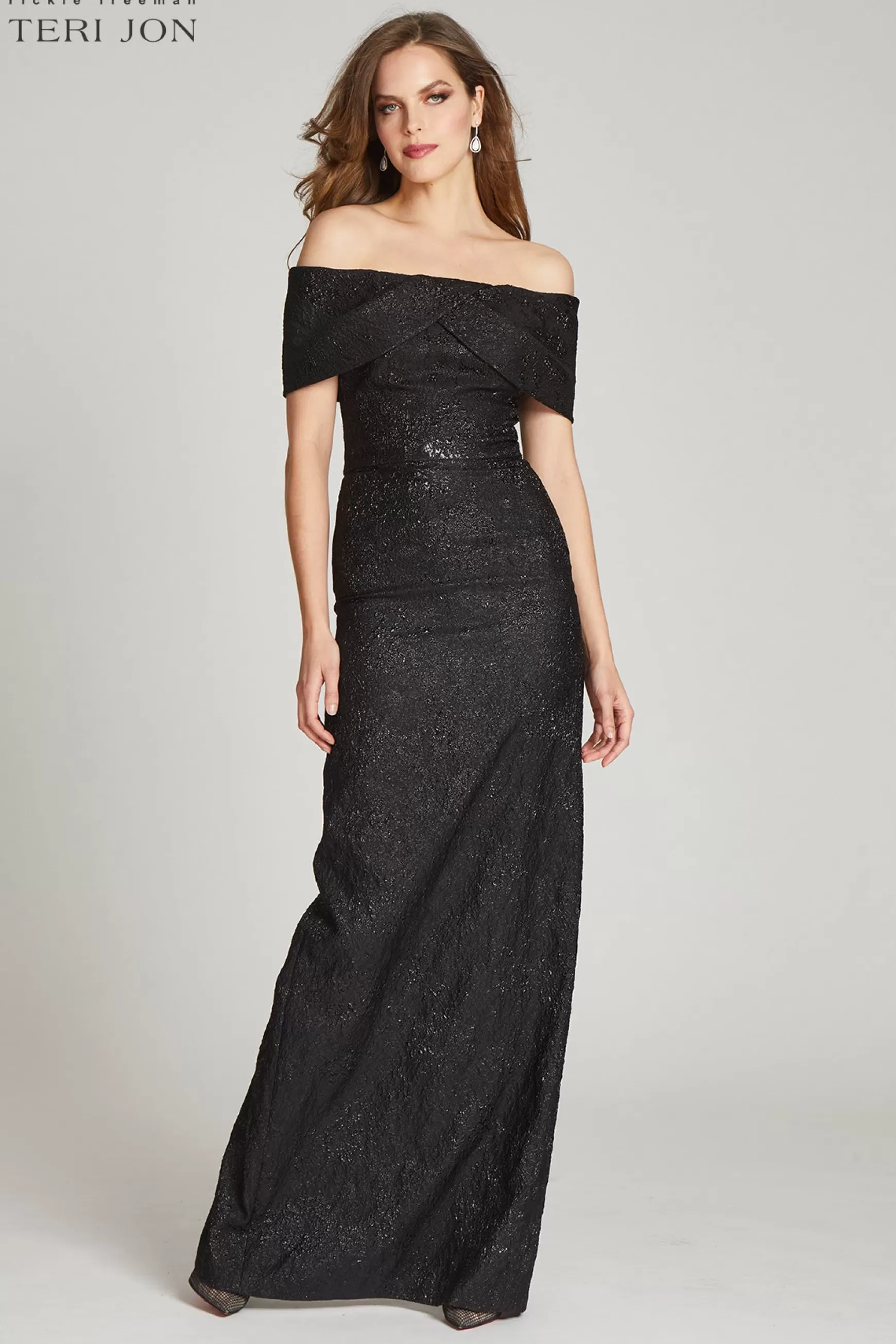 Plus Size Dresses | Evening & Formal Gowns*Teri Jon Jacquard Off Shoulder Portrait Column Gown black | gold | navy-black