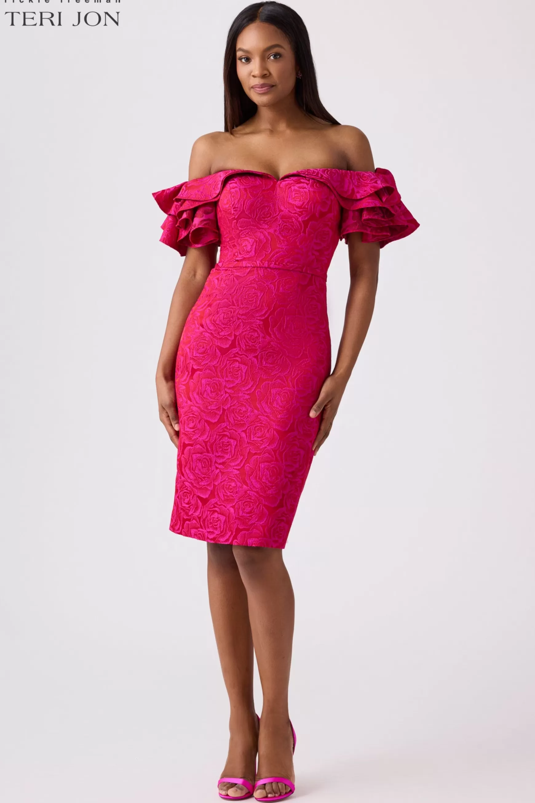 Cocktail & Party Dresses | Day Occasion*Teri Jon Jacquard Off Shoulder Ruffle Dress Fuchsia Red