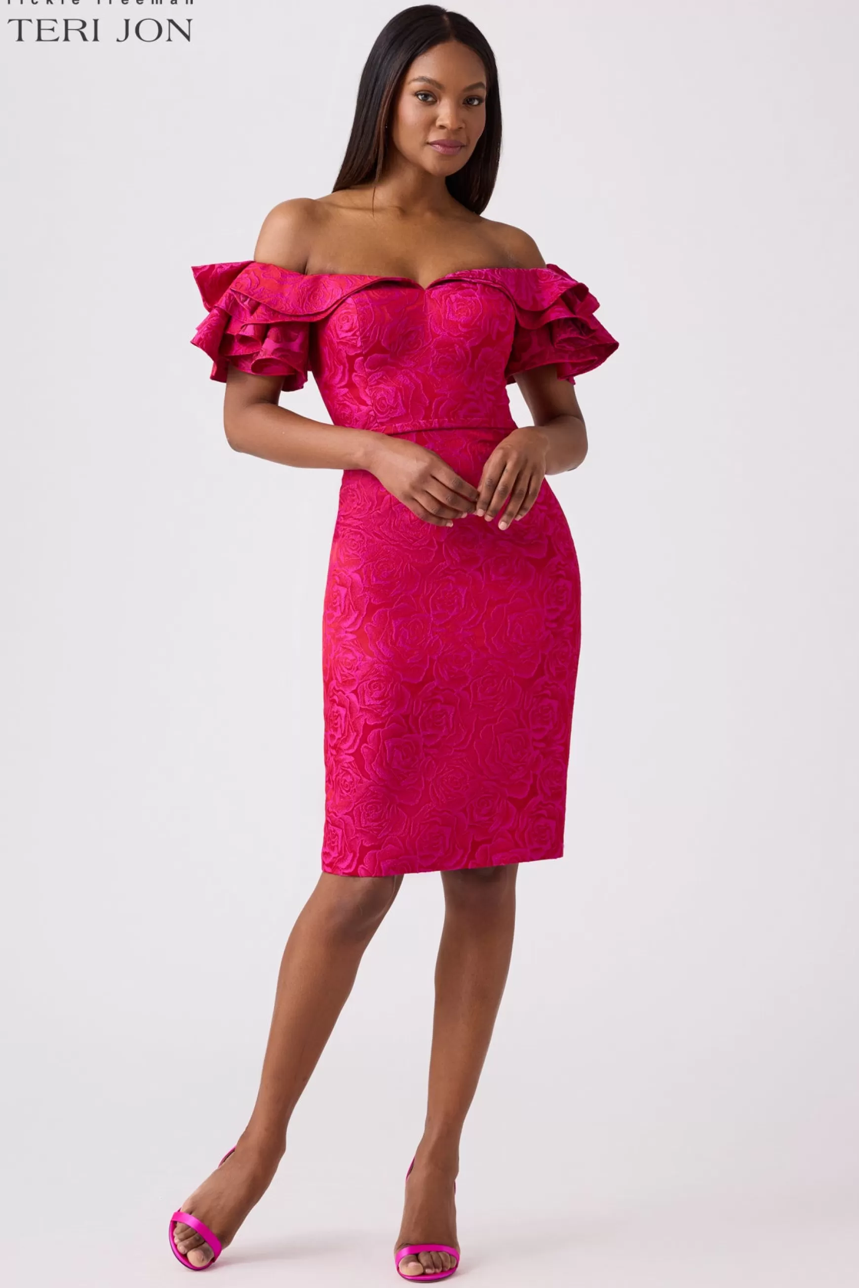 Cocktail & Party Dresses | Day Occasion*Teri Jon Jacquard Off Shoulder Ruffle Dress Fuchsia Red