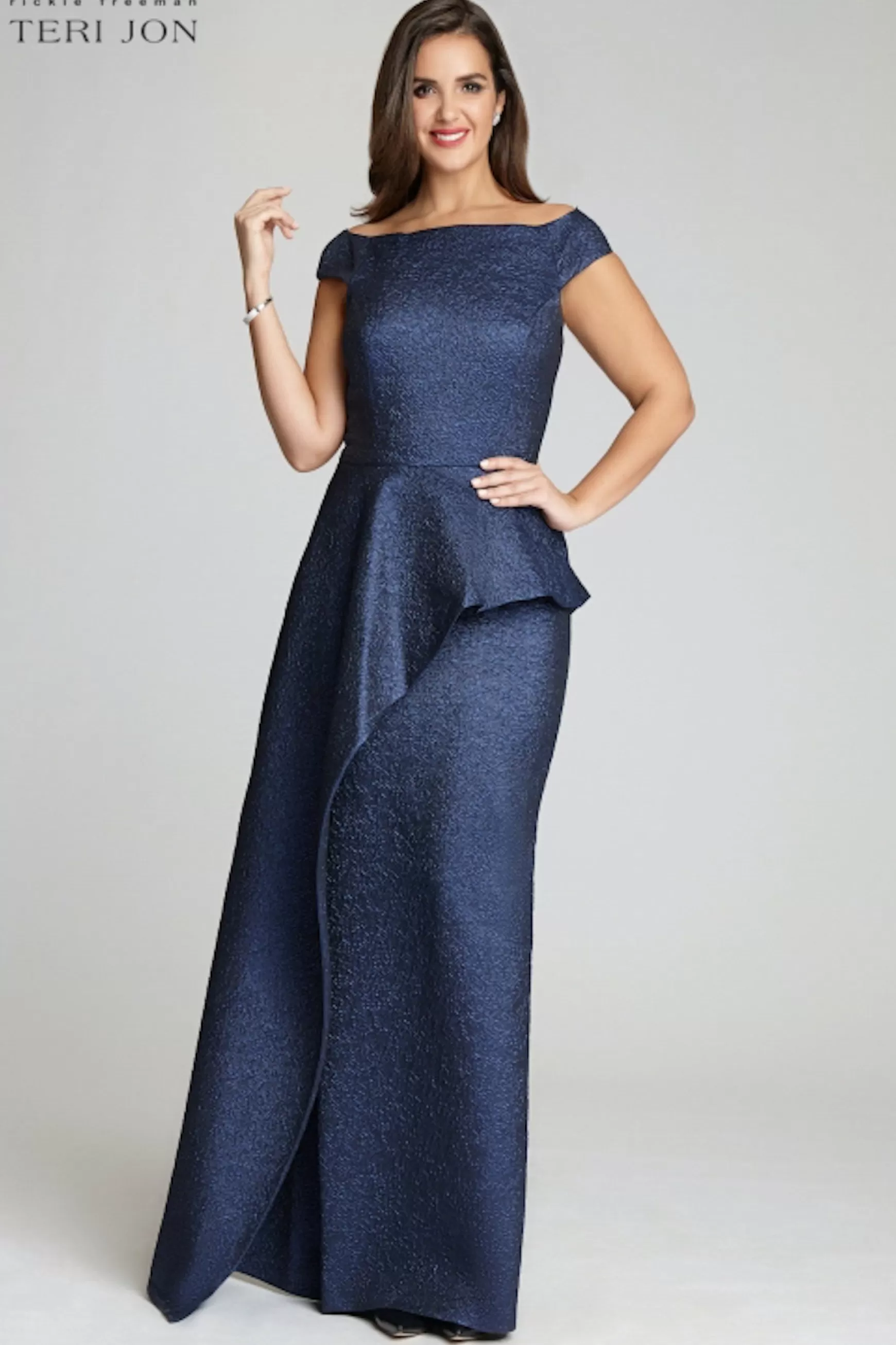 Plus Size Dresses | Evening & Formal Gowns*Teri Jon Jacquard Off Shoulder Side Drape Overlay Gown navy | gold