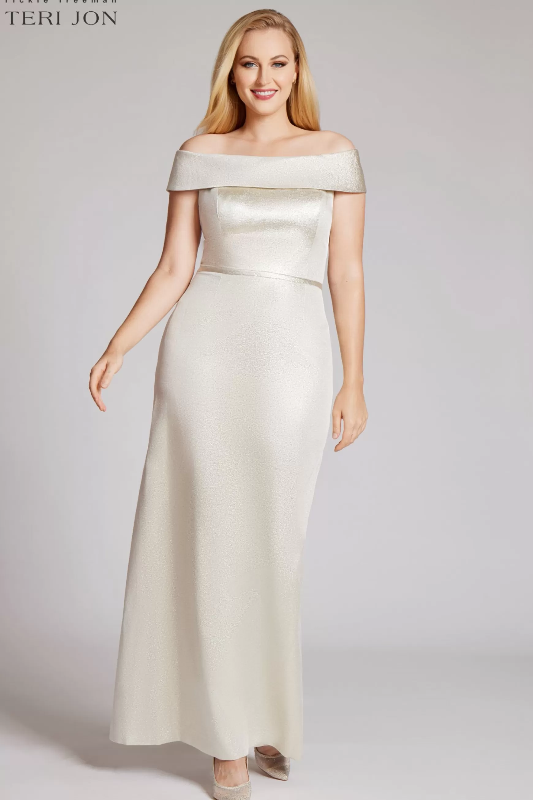 Plus Size Dresses | Evening & Formal Gowns*Teri Jon Jacquard Off The Shoulder Column Gown sapphire | rose-gold | slate