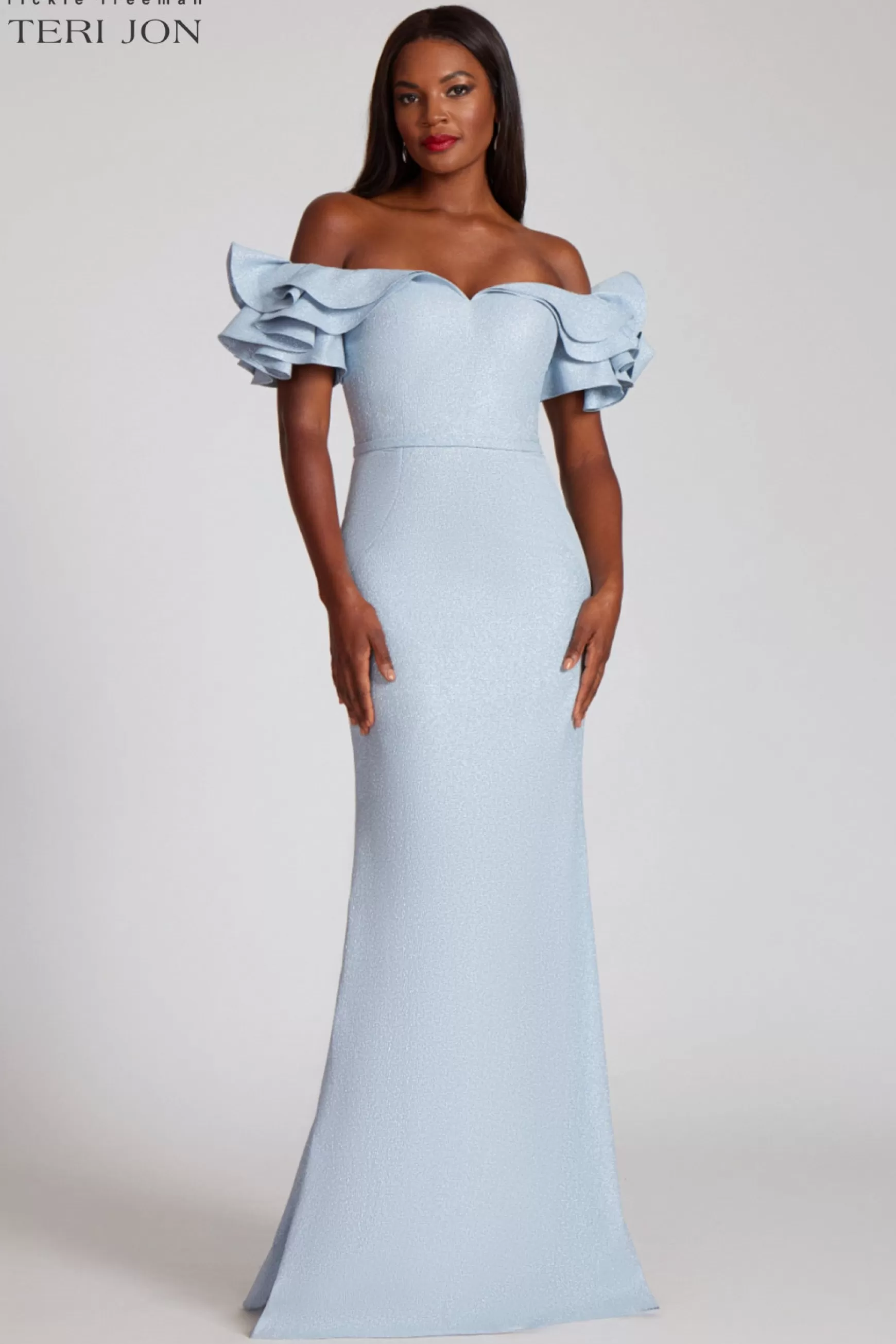 Coming Soon | Evening & Formal Gowns*Teri Jon Jacquard Off The Shoulder Form Fitting Gown Light Blue