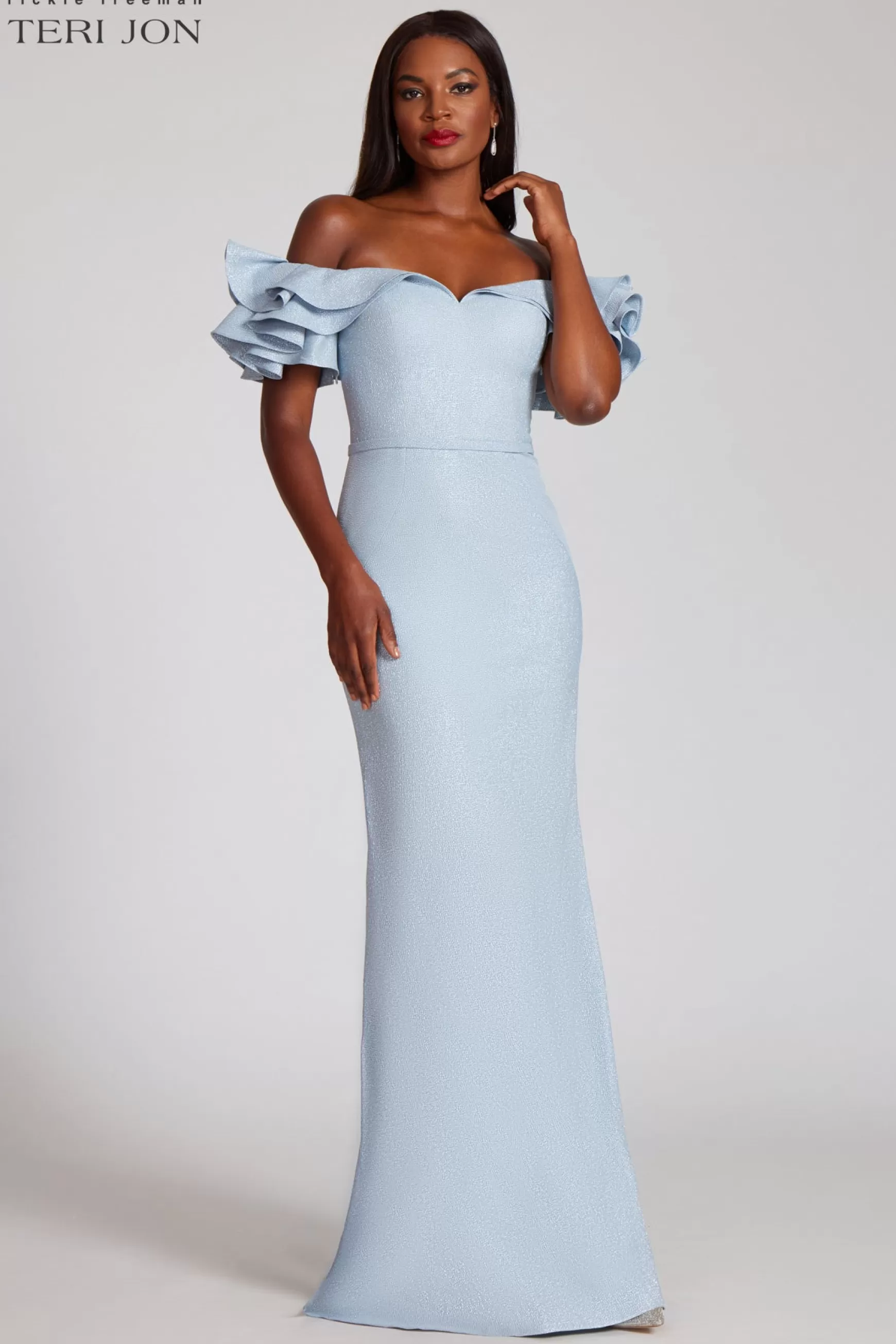 Coming Soon | Evening & Formal Gowns*Teri Jon Jacquard Off The Shoulder Form Fitting Gown Light Blue