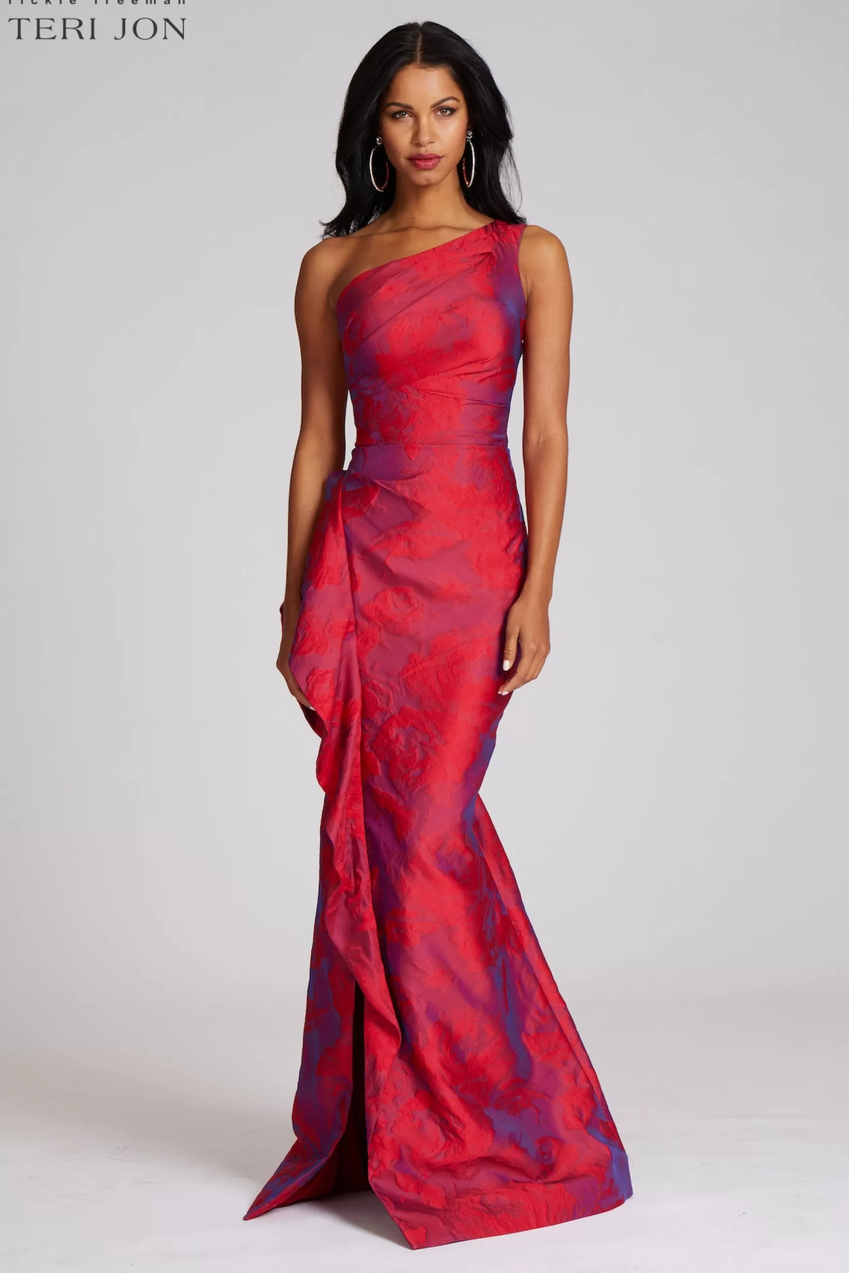 Plus Size Dresses | Evening & Formal Gowns*Teri Jon Jacquard One Shoulder Ruched Side Peplum Print Gown Fuchsia/Red