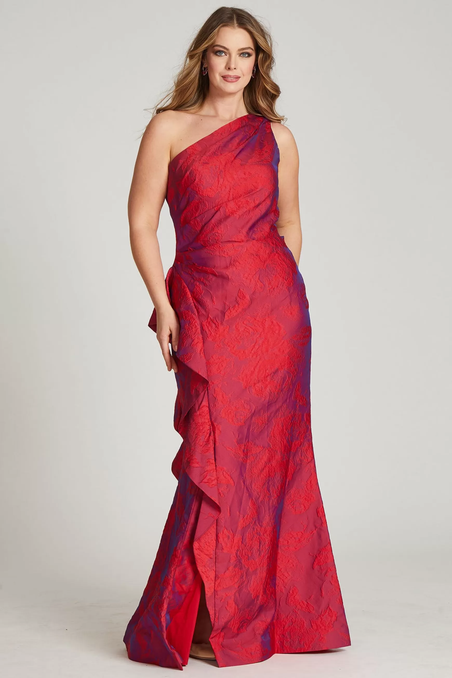 Plus Size Dresses | Evening & Formal Gowns*Teri Jon Jacquard One Shoulder Ruched Side Peplum Print Gown Fuchsia/Red