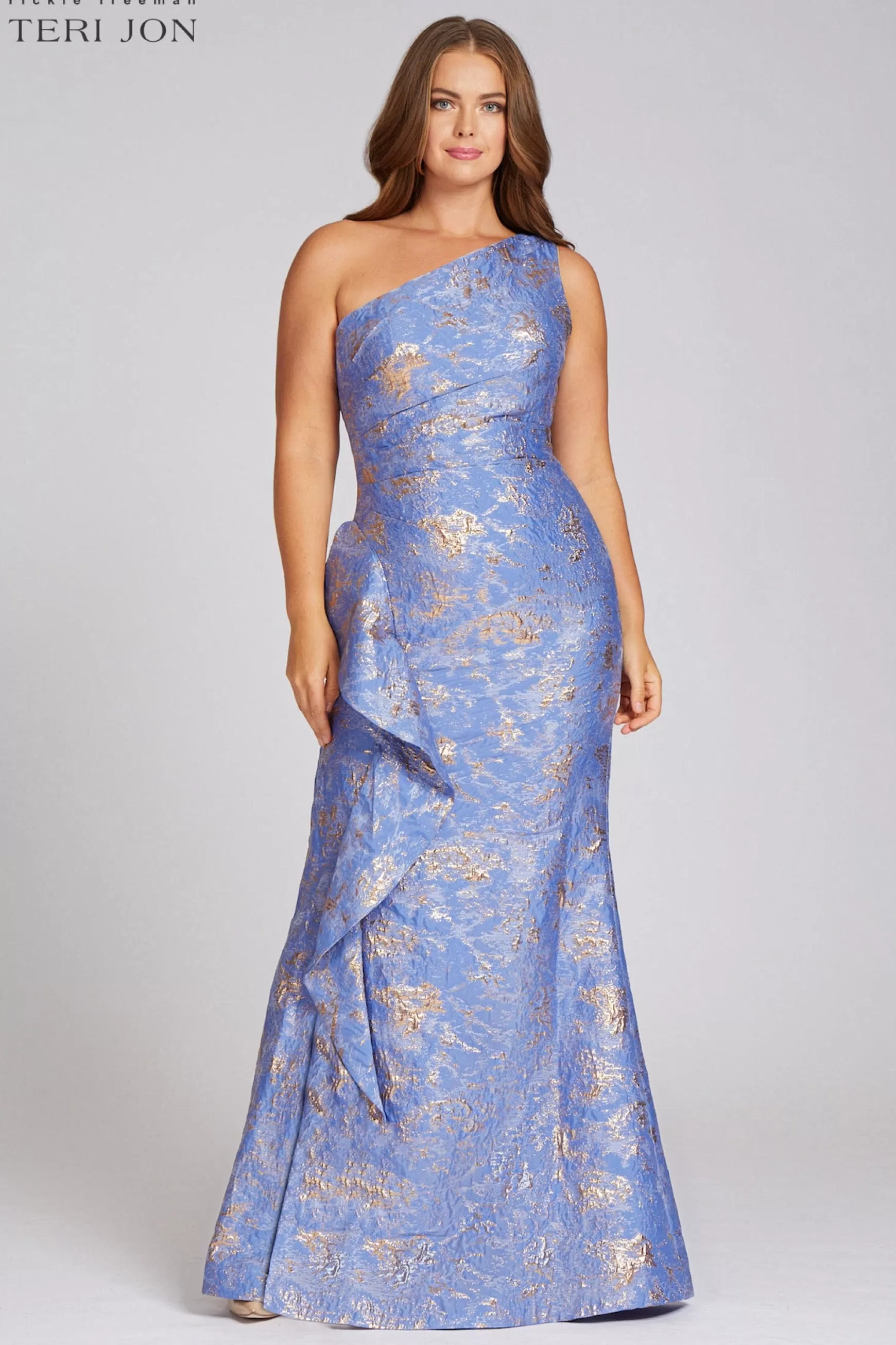 Plus Size Dresses | Evening & Formal Gowns*Teri Jon Jacquard One Shoulder Side Ruffle Gown sky-blue | navy | blush