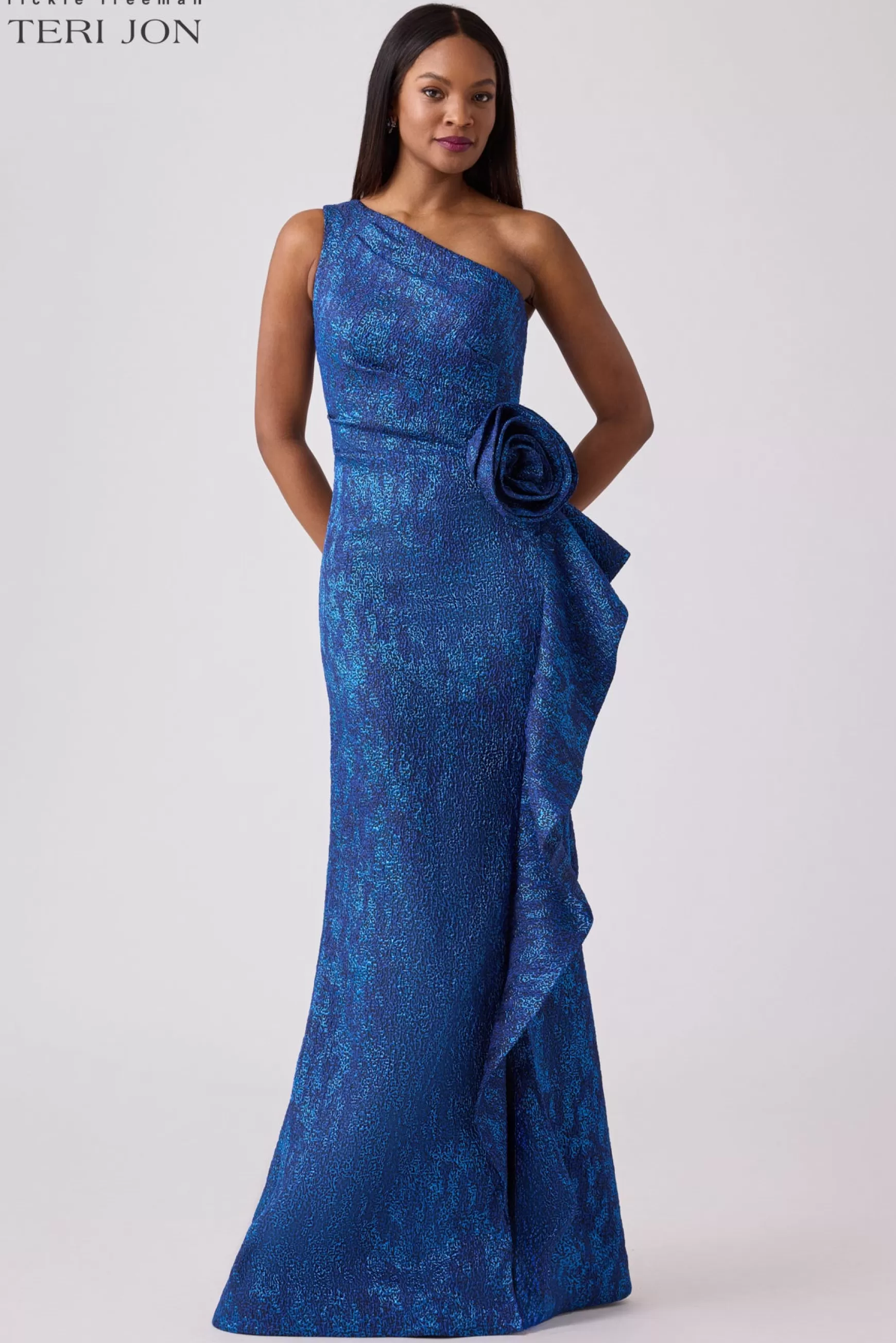 Coming Soon | Evening & Formal Gowns*Teri Jon Jacquard Side Ruffle Gown With 3D Drape Royal Multi