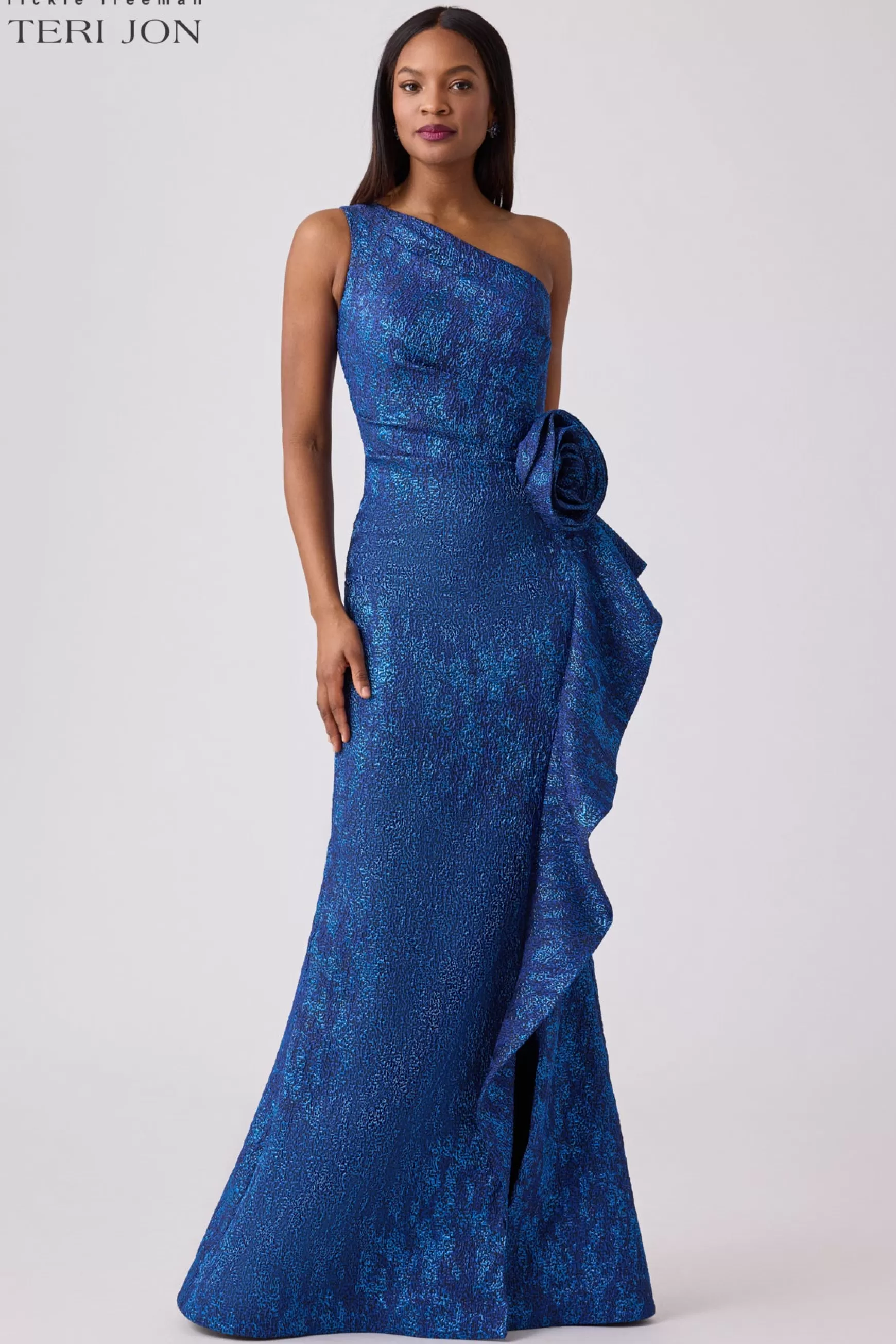 Coming Soon | Evening & Formal Gowns*Teri Jon Jacquard Side Ruffle Gown With 3D Drape Royal Multi