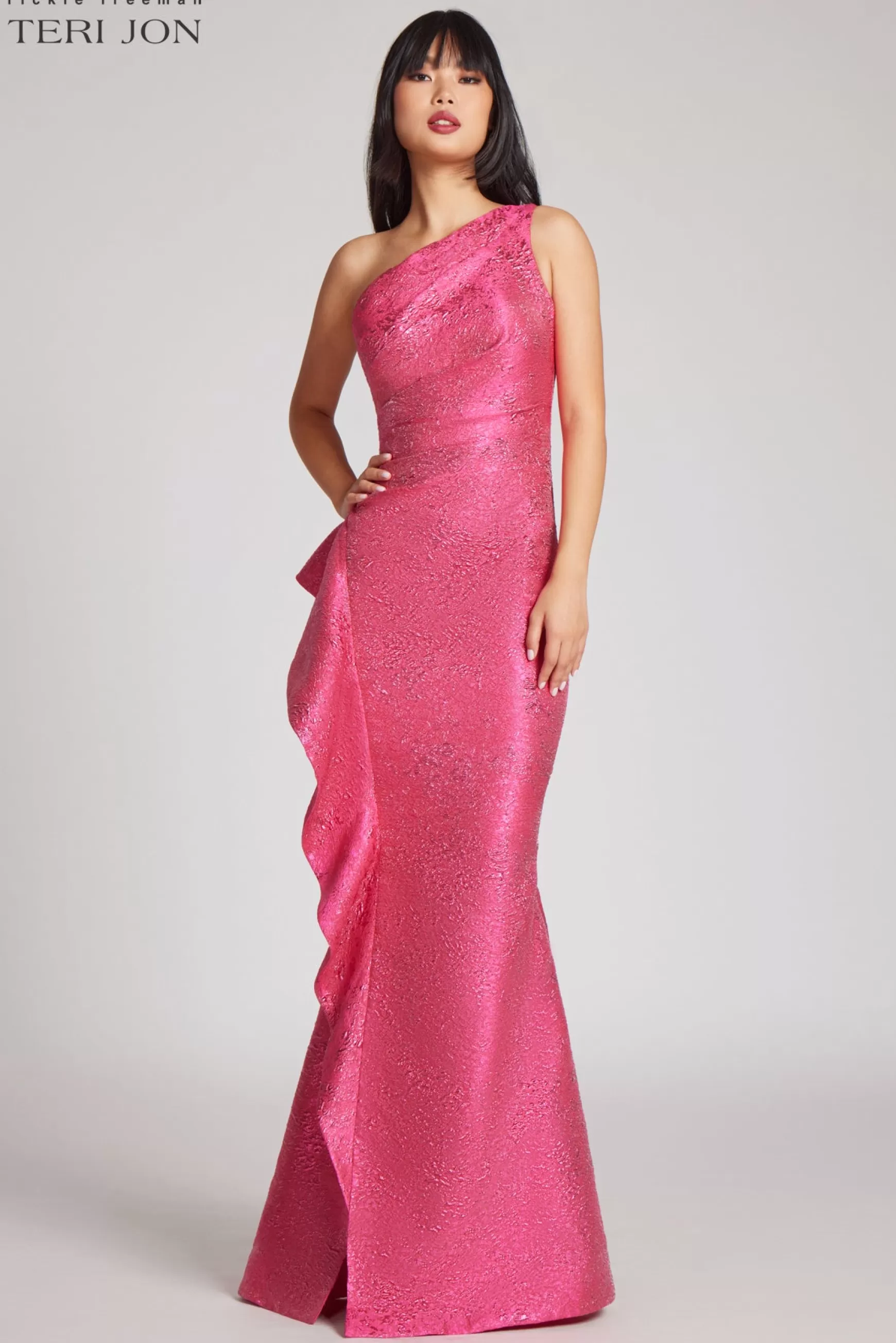 Coming Soon | Evening & Formal Gowns*Teri Jon Jacquard Side Ruffle One Shoulder Gown Hot Pink