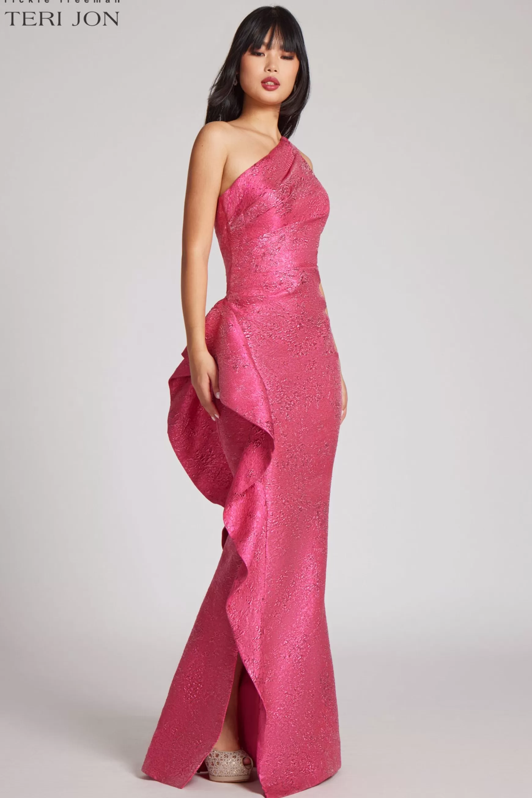 Coming Soon | Evening & Formal Gowns*Teri Jon Jacquard Side Ruffle One Shoulder Gown Hot Pink