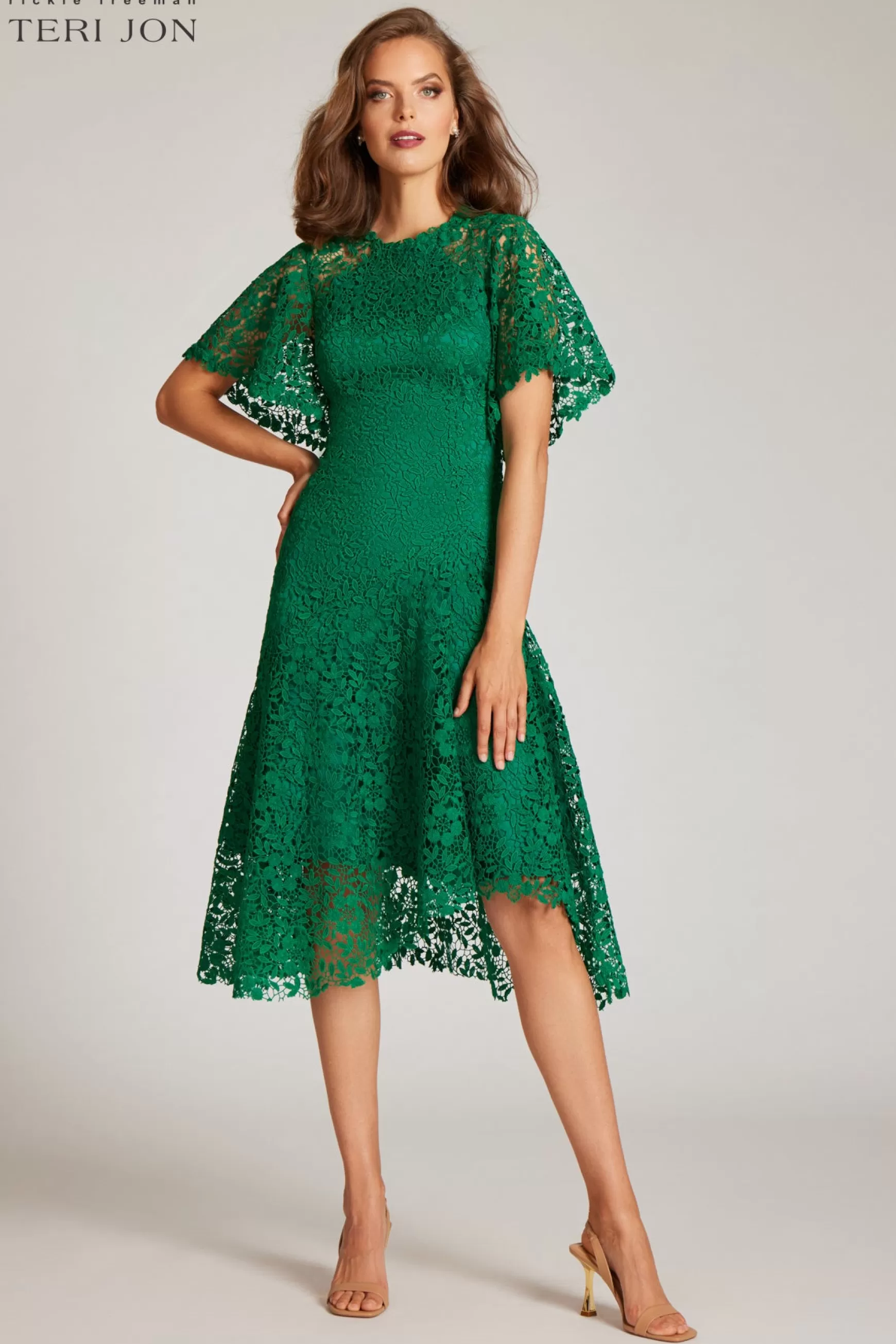 Guest of Wedding | Cocktail & Party Dresses*Teri Jon Lace Fit N Flare Flounce Sleeve High Low Dress Kelly Green