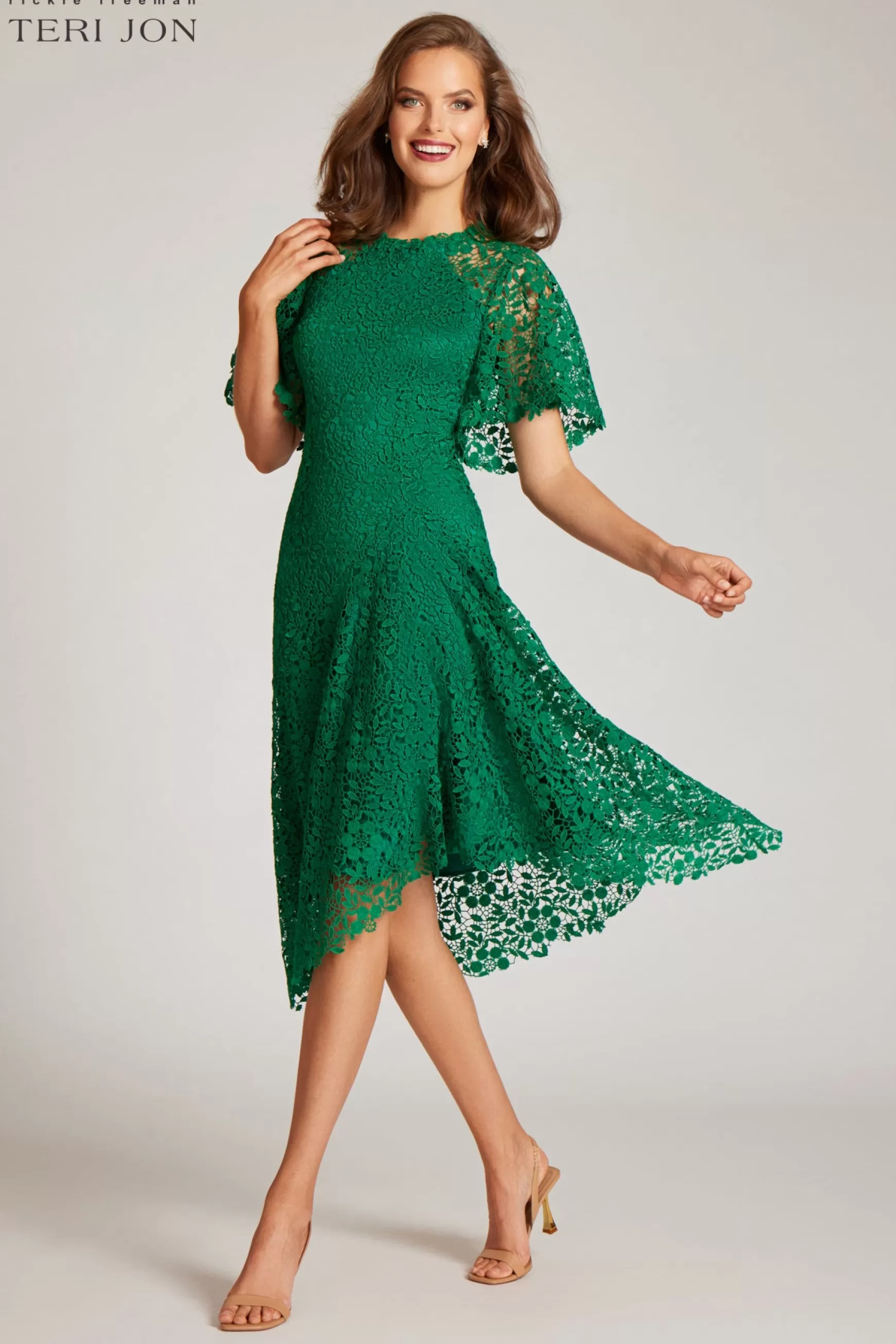 Guest of Wedding | Cocktail & Party Dresses*Teri Jon Lace Fit N Flare Flounce Sleeve High Low Dress Kelly Green