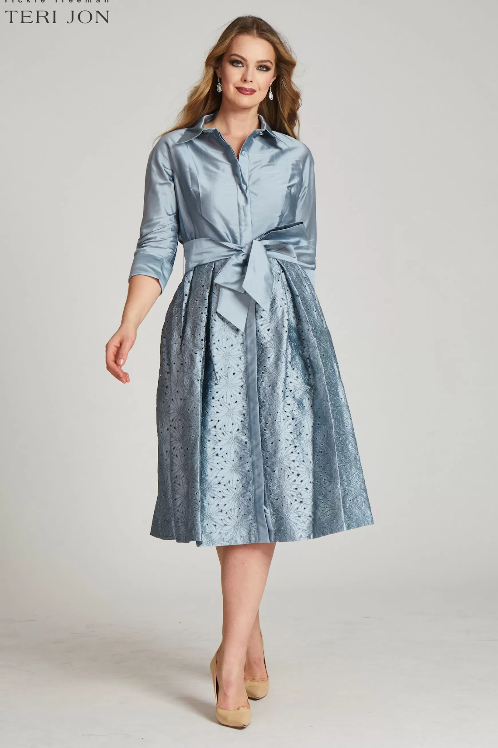 Plus Size Dresses | Guest of Wedding*Teri Jon Lazercut Skirt Shirt Dress slate | hot-pink | teal