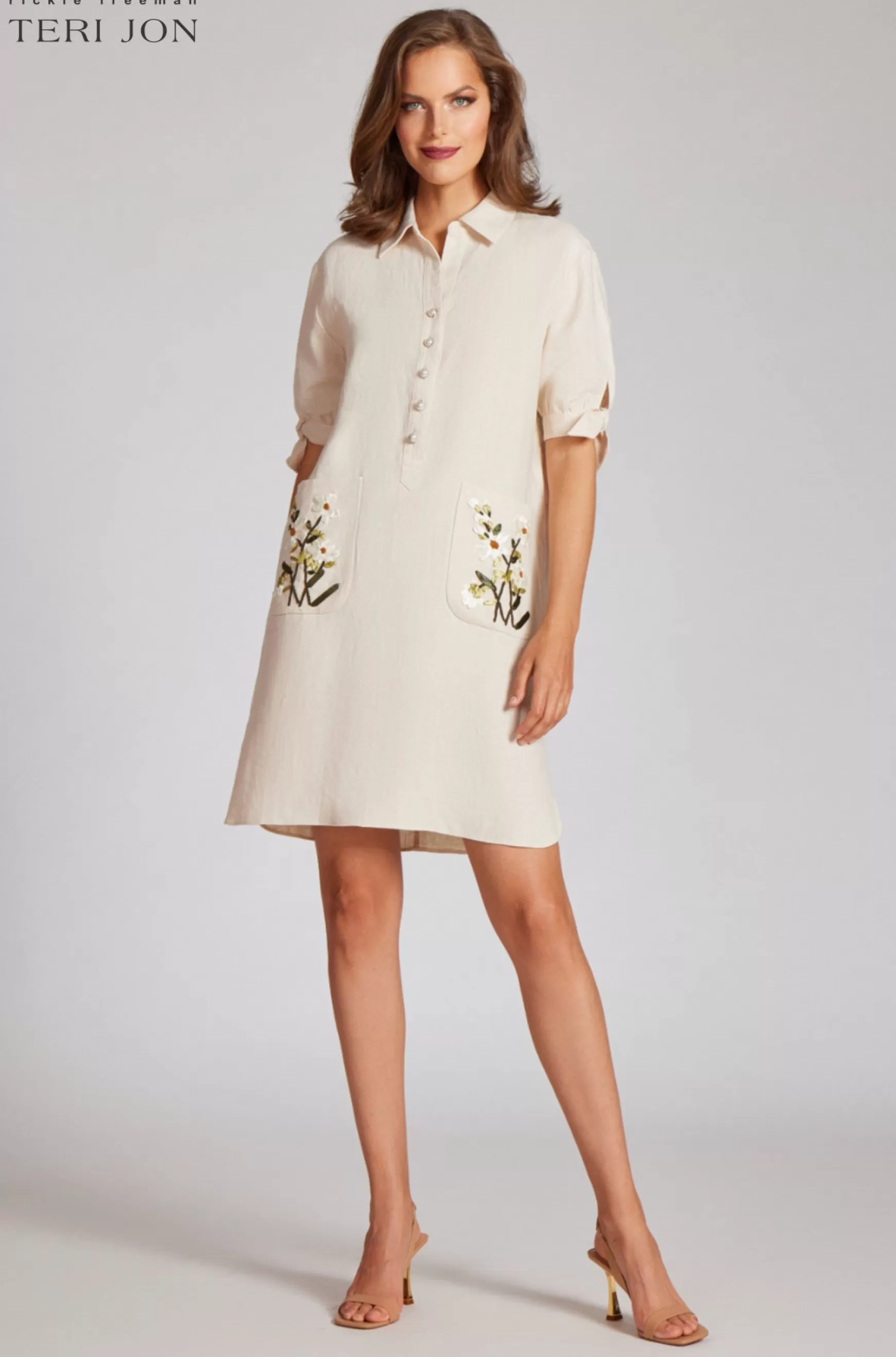 Cocktail & Party Dresses | Day Occasion*Teri Jon Linen Shift Shirt Dress With 3D Embroidered Beige