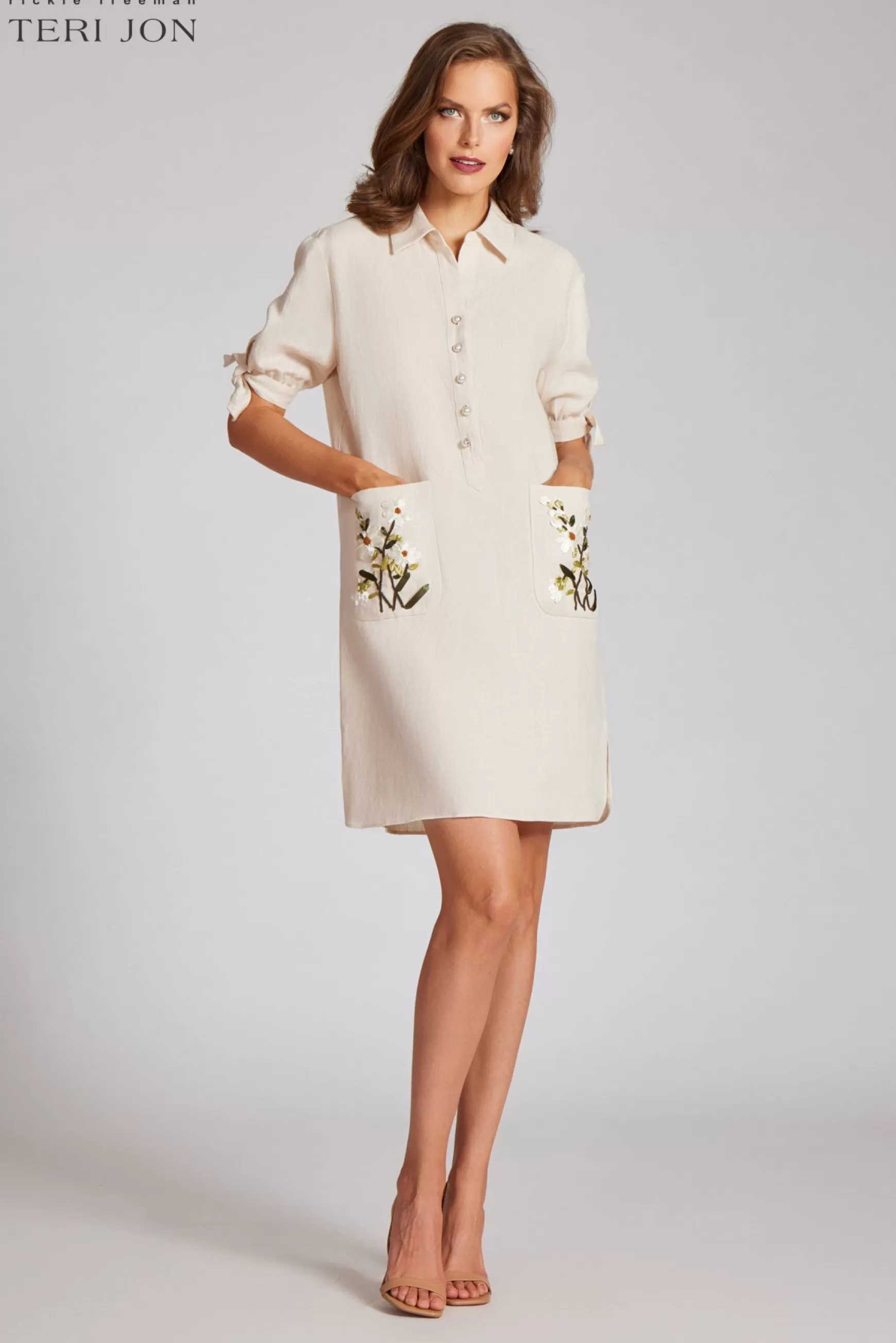 Cocktail & Party Dresses | Day Occasion*Teri Jon Linen Shift Shirt Dress With 3D Embroidered Beige