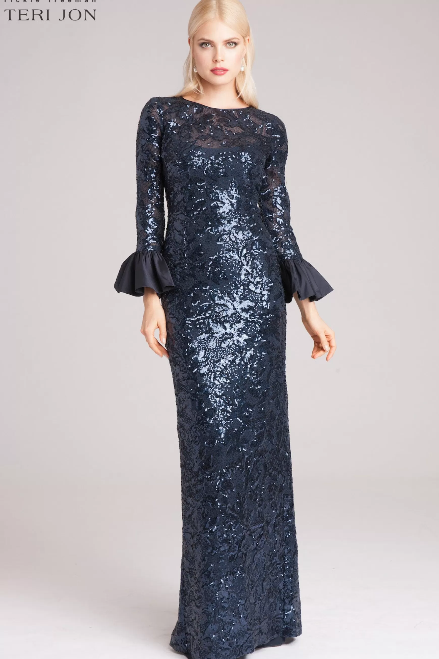 Plus Size Dresses | Evening & Formal Gowns*Teri Jon Long Bell Sleeve Sequin Sheath Gown navy | black