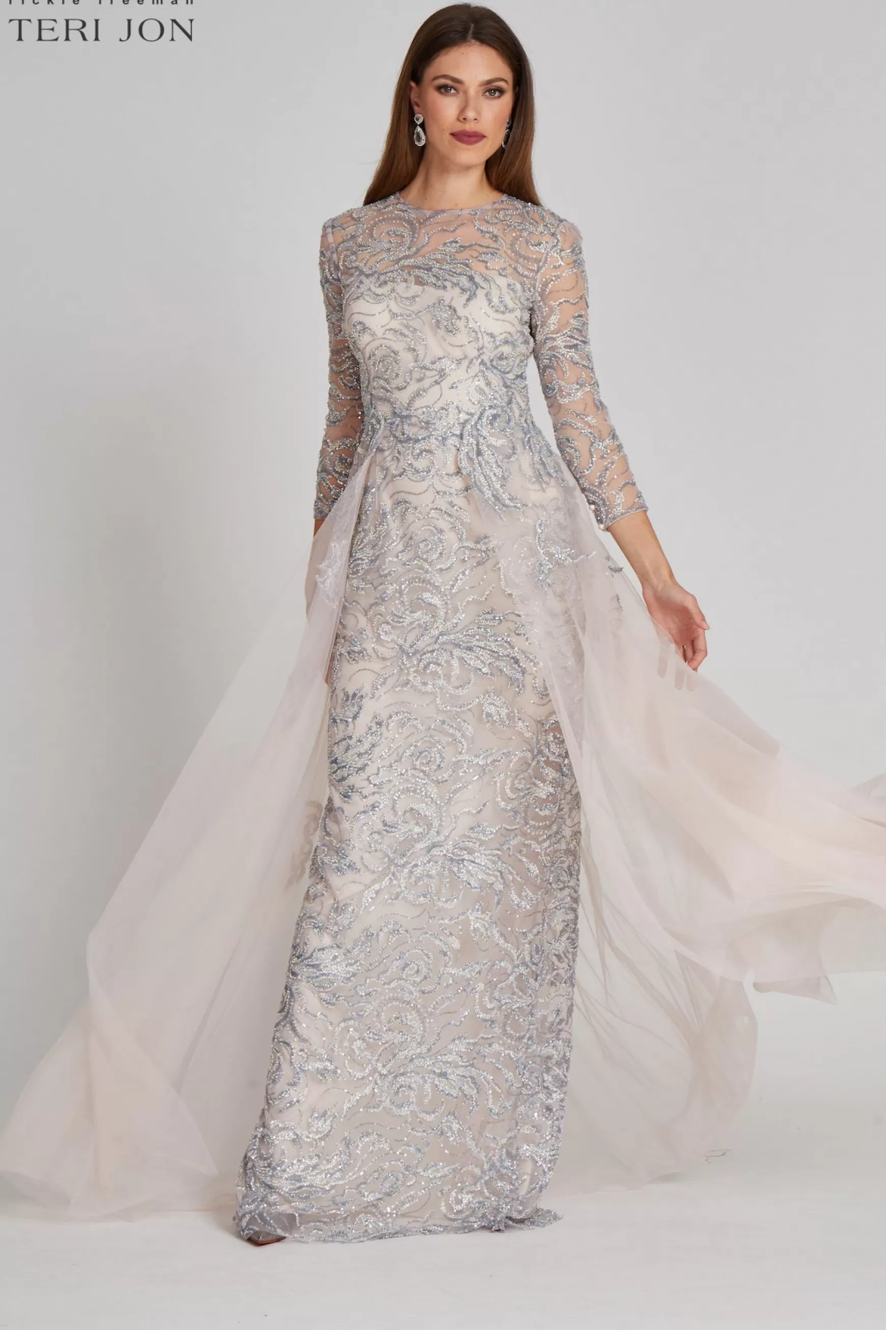 Plus Size Dresses | Evening & Formal Gowns*Teri Jon Long Sleeve Beaded Tulle With Tulle Overskirt Blush Multi