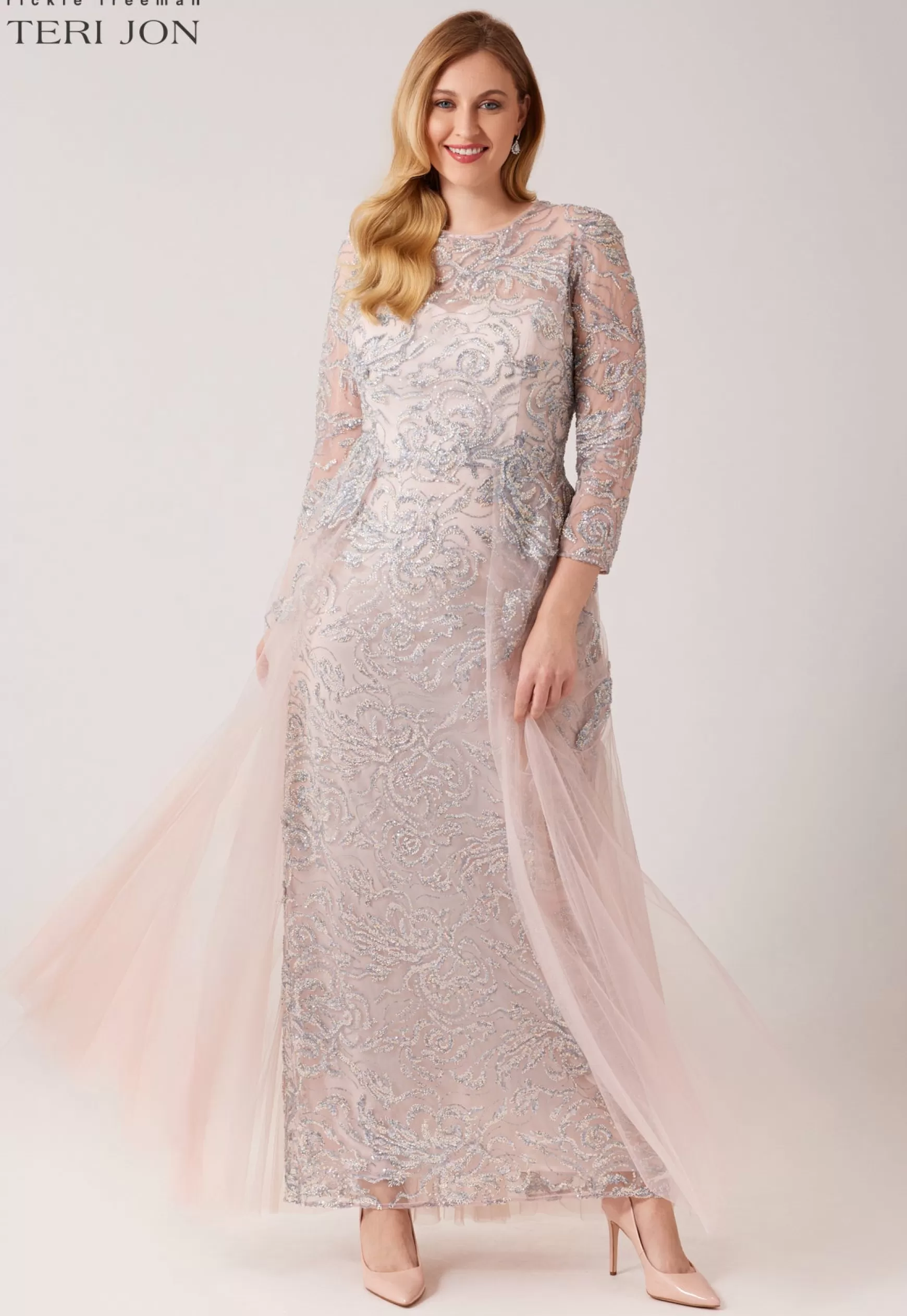 Plus Size Dresses | Evening & Formal Gowns*Teri Jon Long Sleeve Beaded Tulle With Tulle Overskirt Blush Multi