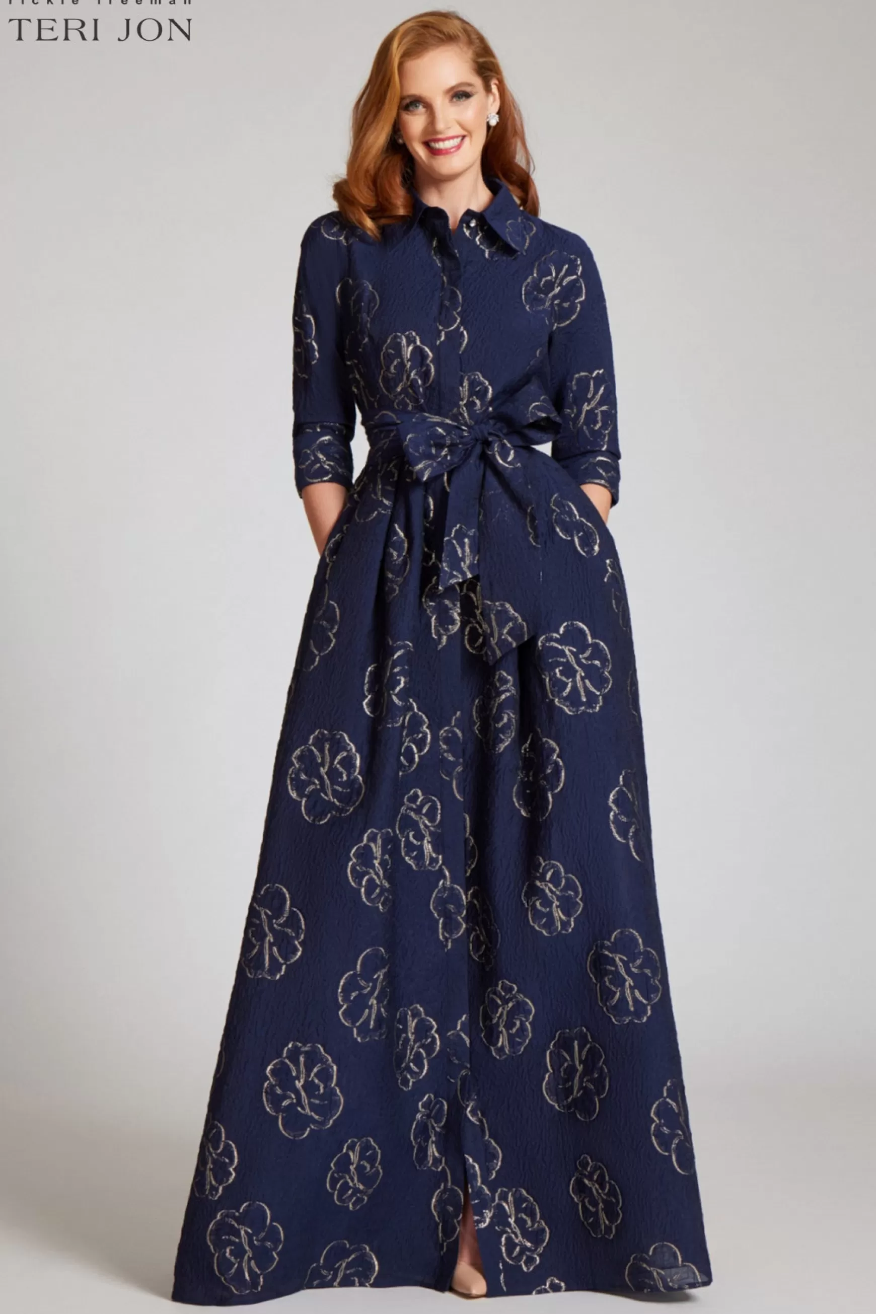 Evening & Formal Gowns*Teri Jon Metallic Flower Jacquard Shirt Waist Gown Navy/Gold