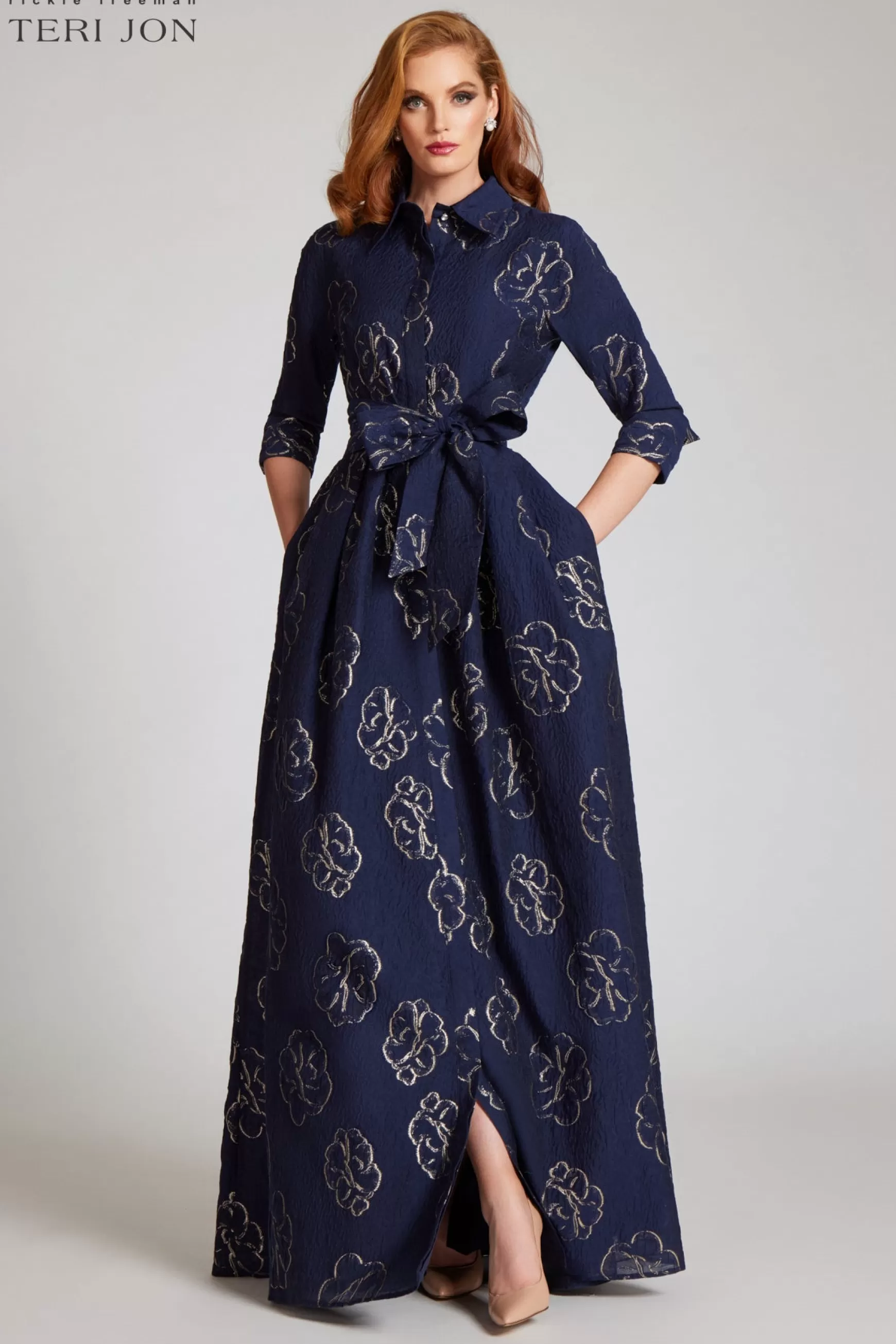 Evening & Formal Gowns*Teri Jon Metallic Flower Jacquard Shirt Waist Gown Navy/Gold