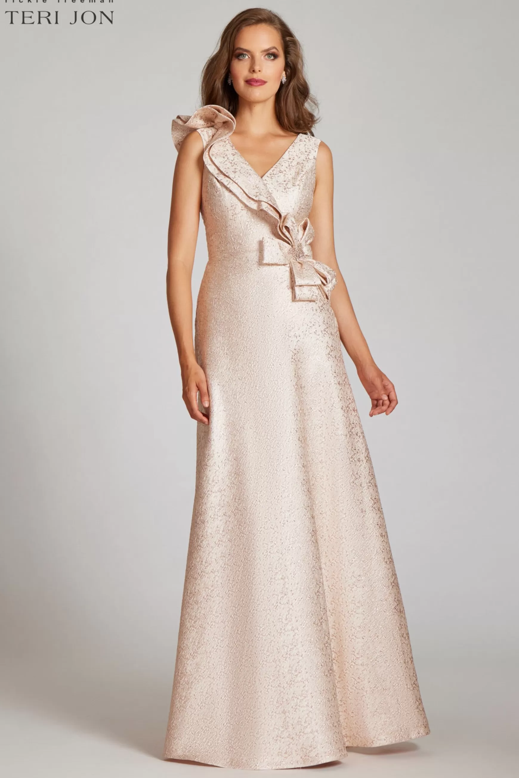 Evening & Formal Gowns*Teri Jon Metallic Jacquard Asymmetrical Ruffle Gown Pink/Gold