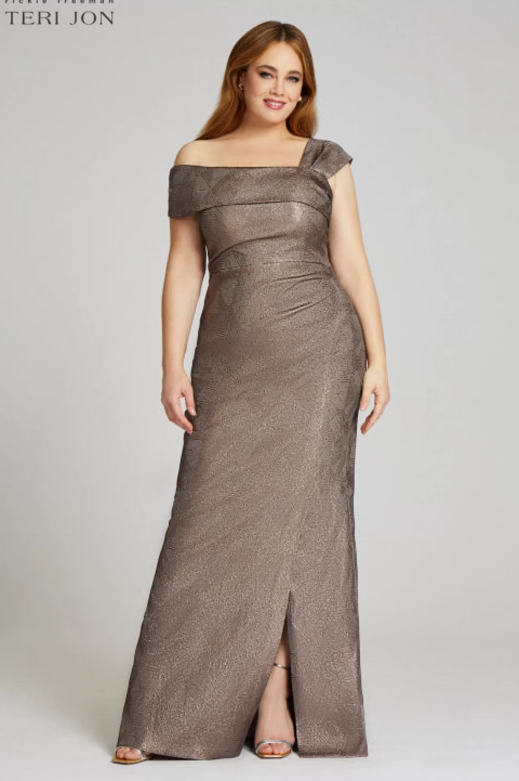 Plus Size Dresses | Evening & Formal Gowns*Teri Jon Metallic Jacquard Asymmetrical Shoulder Gown navy | bronze