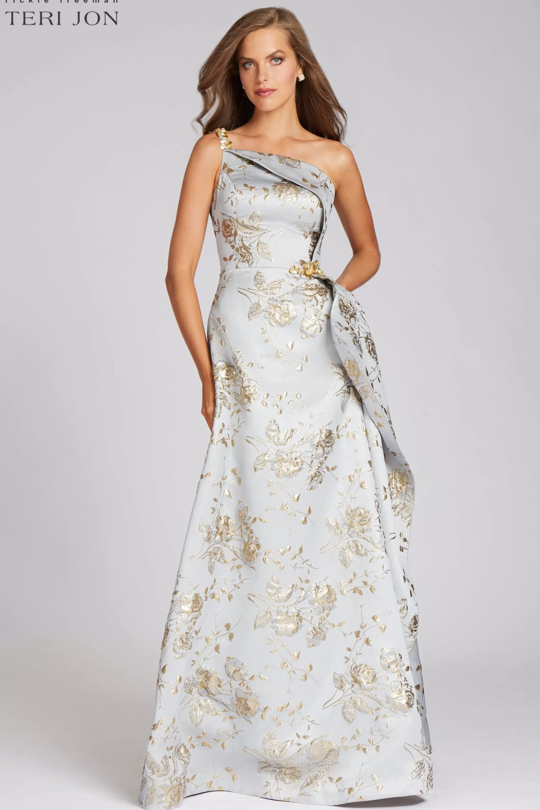 Coming Soon | Plus Size Dresses*Teri Jon Metallic Jacquard Beaded Gown Platinum Gold