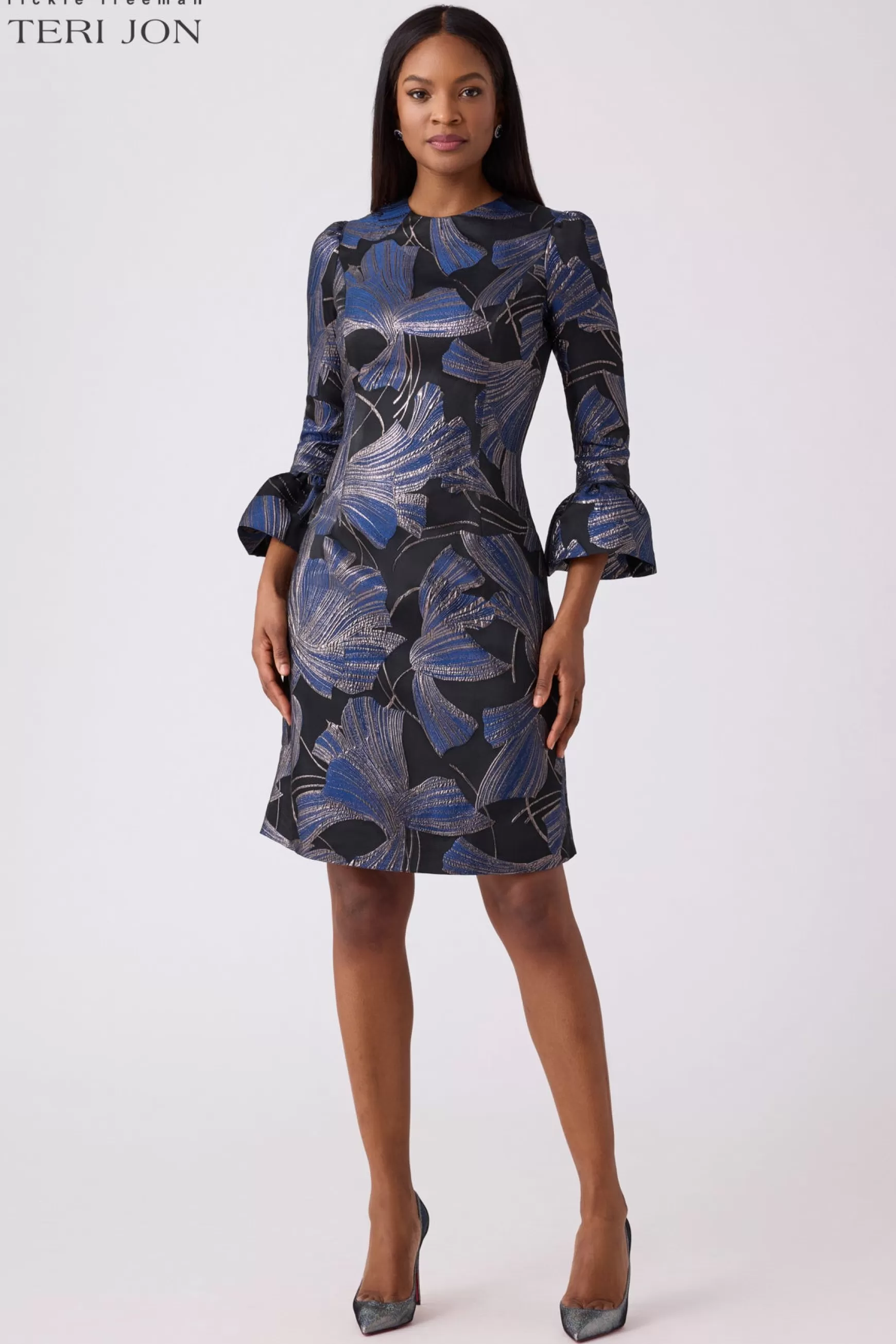 Coming Soon | Cocktail & Party Dresses*Teri Jon Metallic Jacquard Flounce Cuff Dress Black Multi