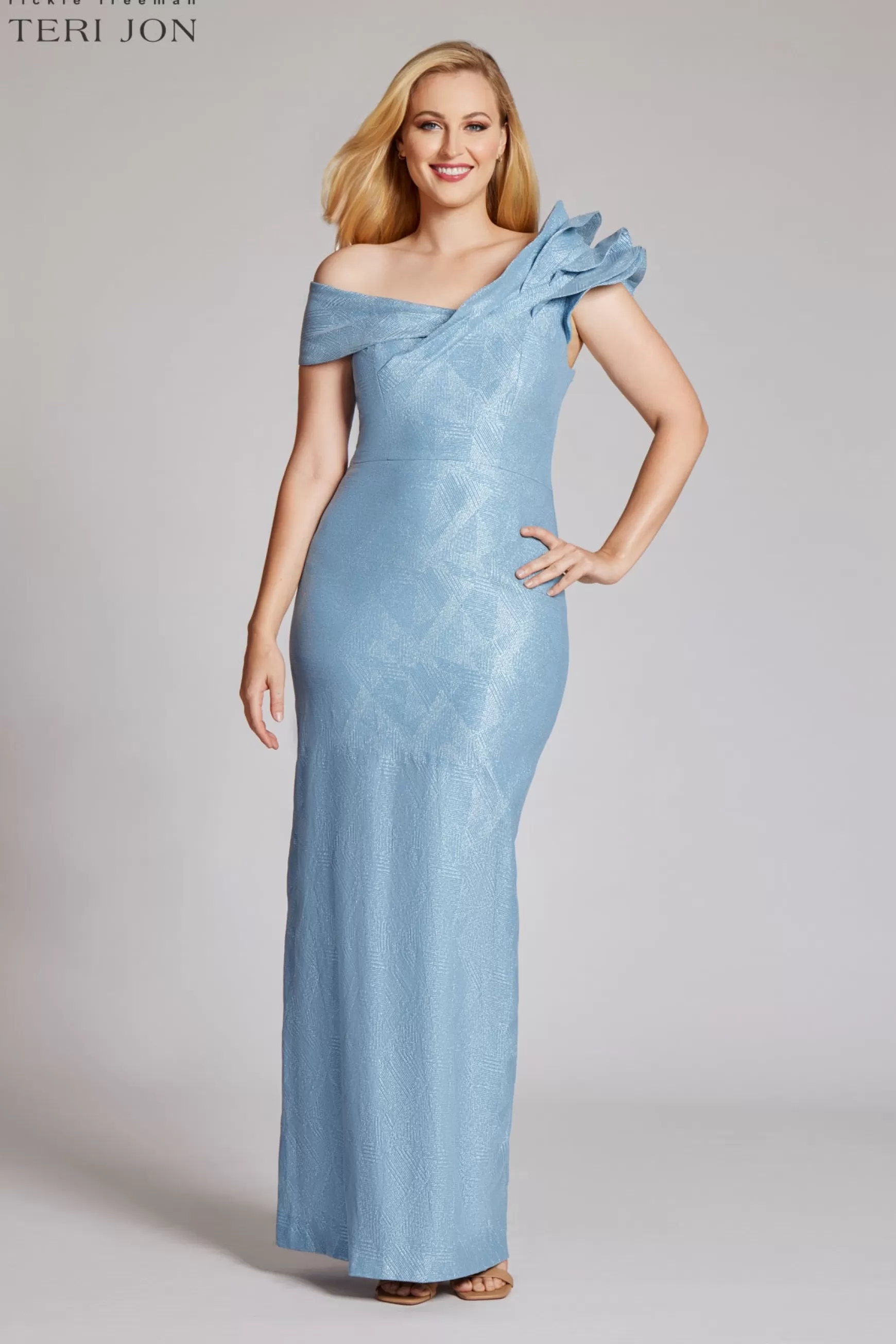 Plus Size Dresses | Evening & Formal Gowns*Teri Jon Metallic Jacquard Ruffle Gown blush | powder-blue | sapphire