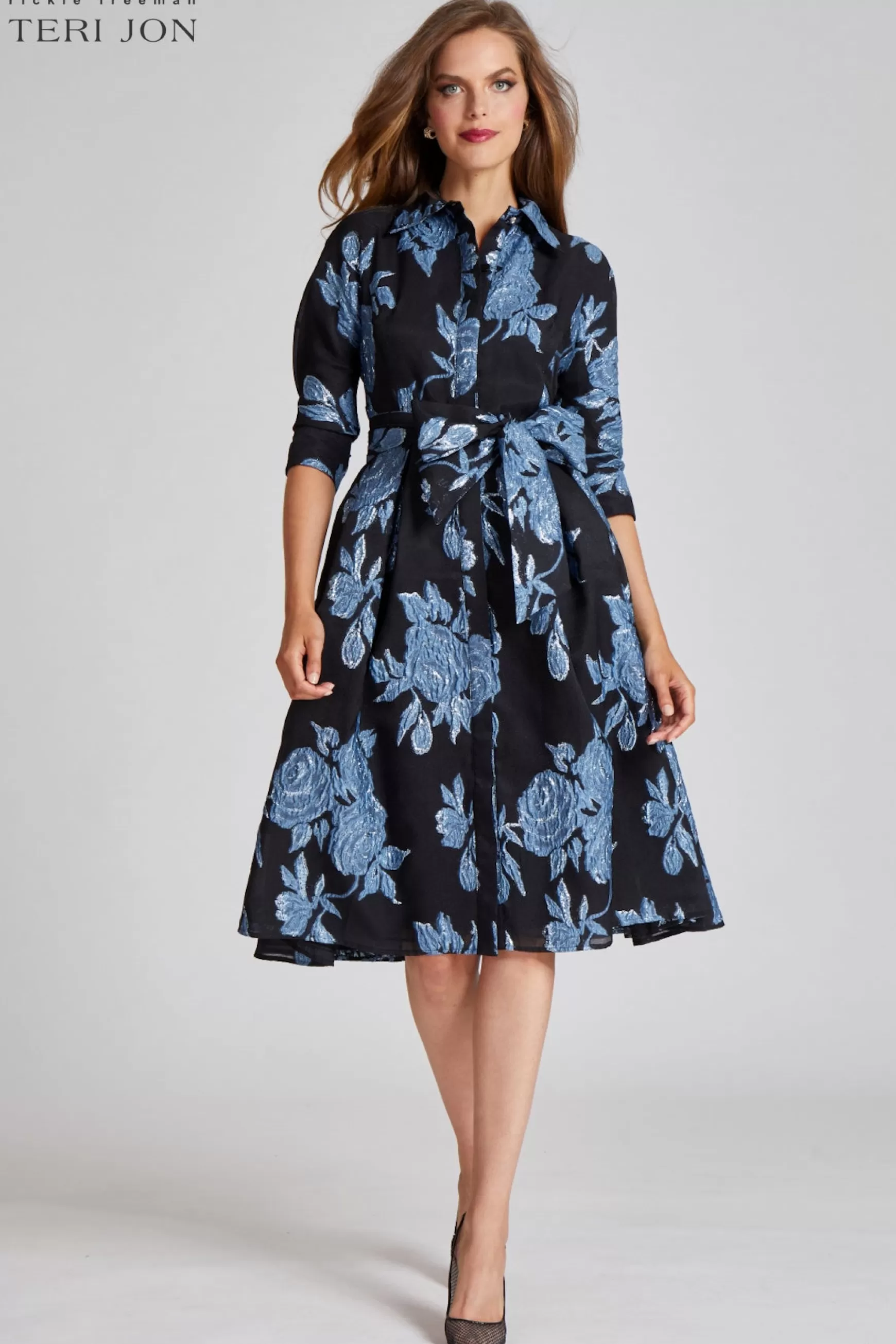 Plus Size Dresses | Shop Best Sellers*Teri Jon Metallic Jacquard Shirt Dress With Floral Print champagne | navy | black-slate