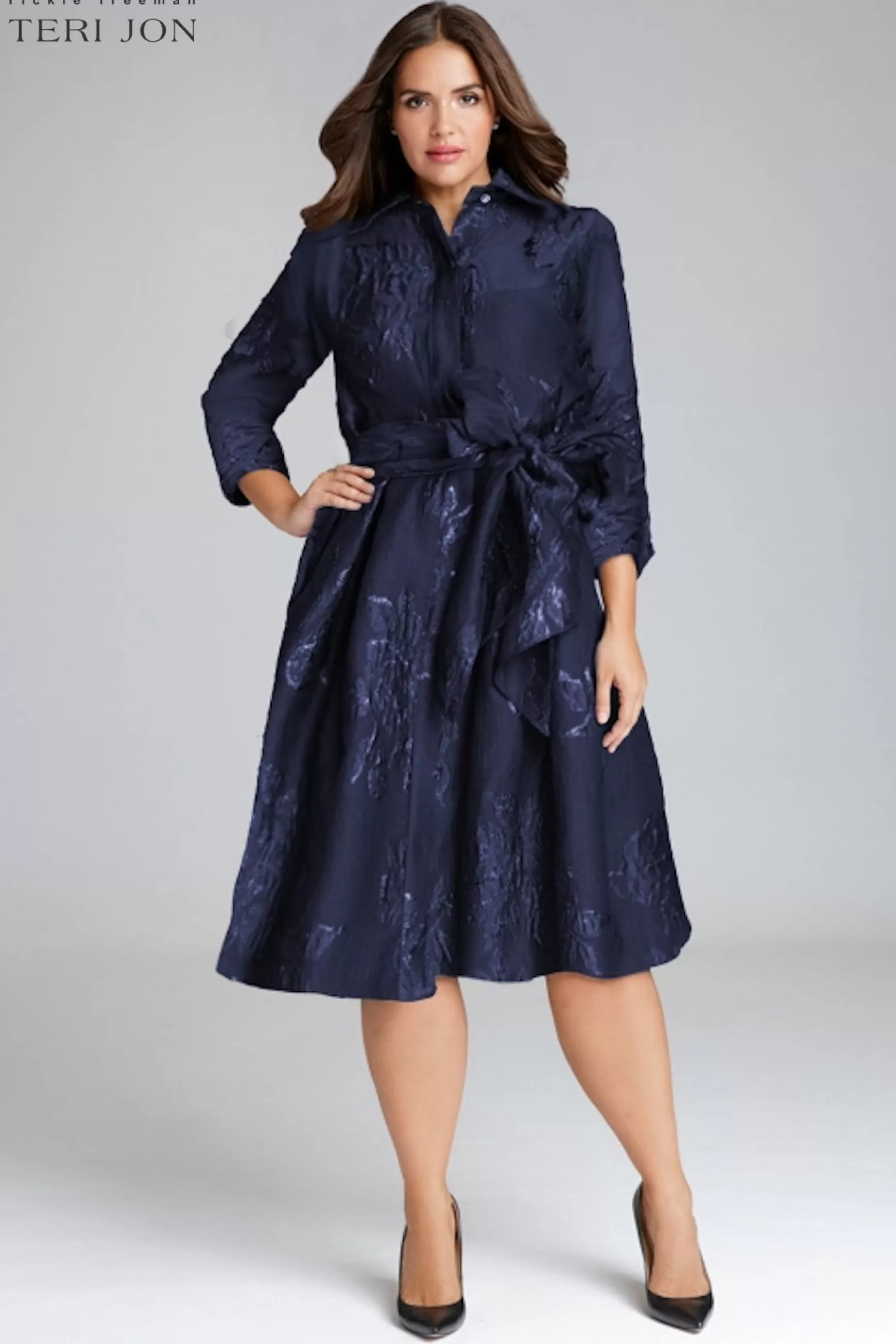 Plus Size Dresses | Shop Best Sellers*Teri Jon Metallic Jacquard Shirt Dress With Floral Print champagne | navy | black-slate