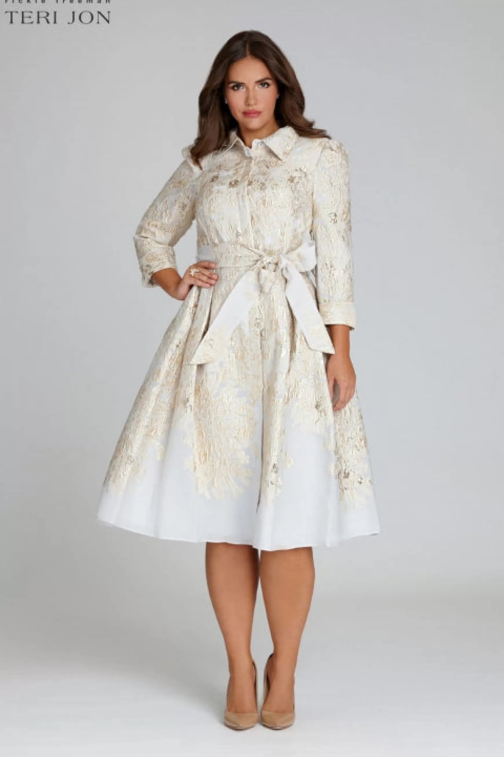 Plus Size Dresses | Shop Best Sellers*Teri Jon Metallic Jacquard Shirtdress Gold