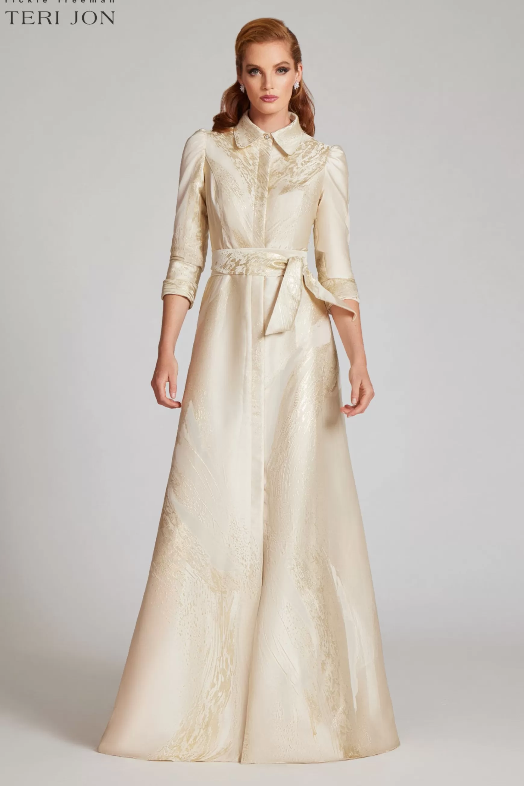 Evening & Formal Gowns*Teri Jon Metallic Jacquard Shirtdress Gown Gold