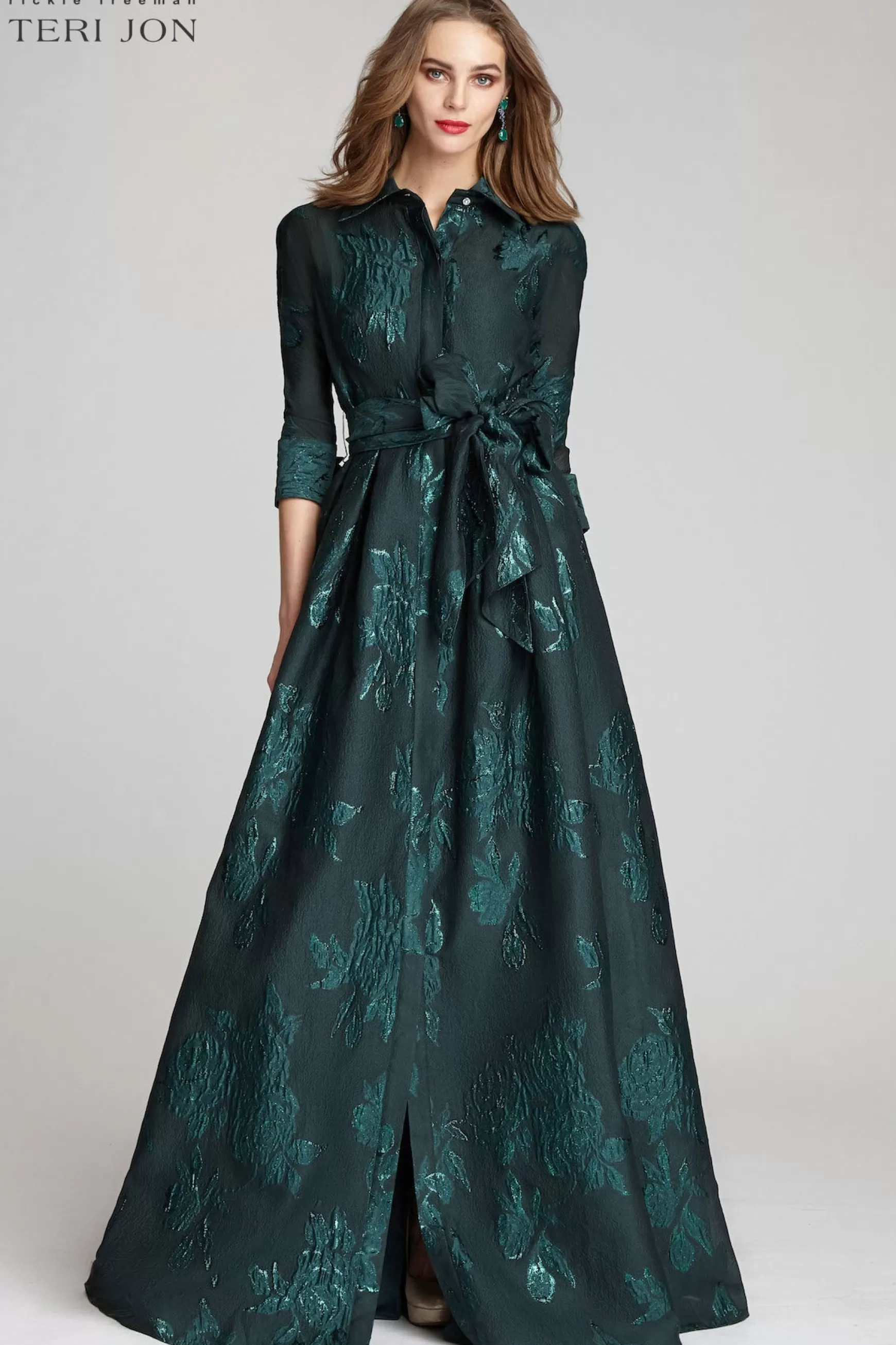 Plus Size Dresses | Evening & Formal Gowns*Teri Jon Metallic Jacquard Shirtdress Gown With Floral Print emerald | navy | champagne