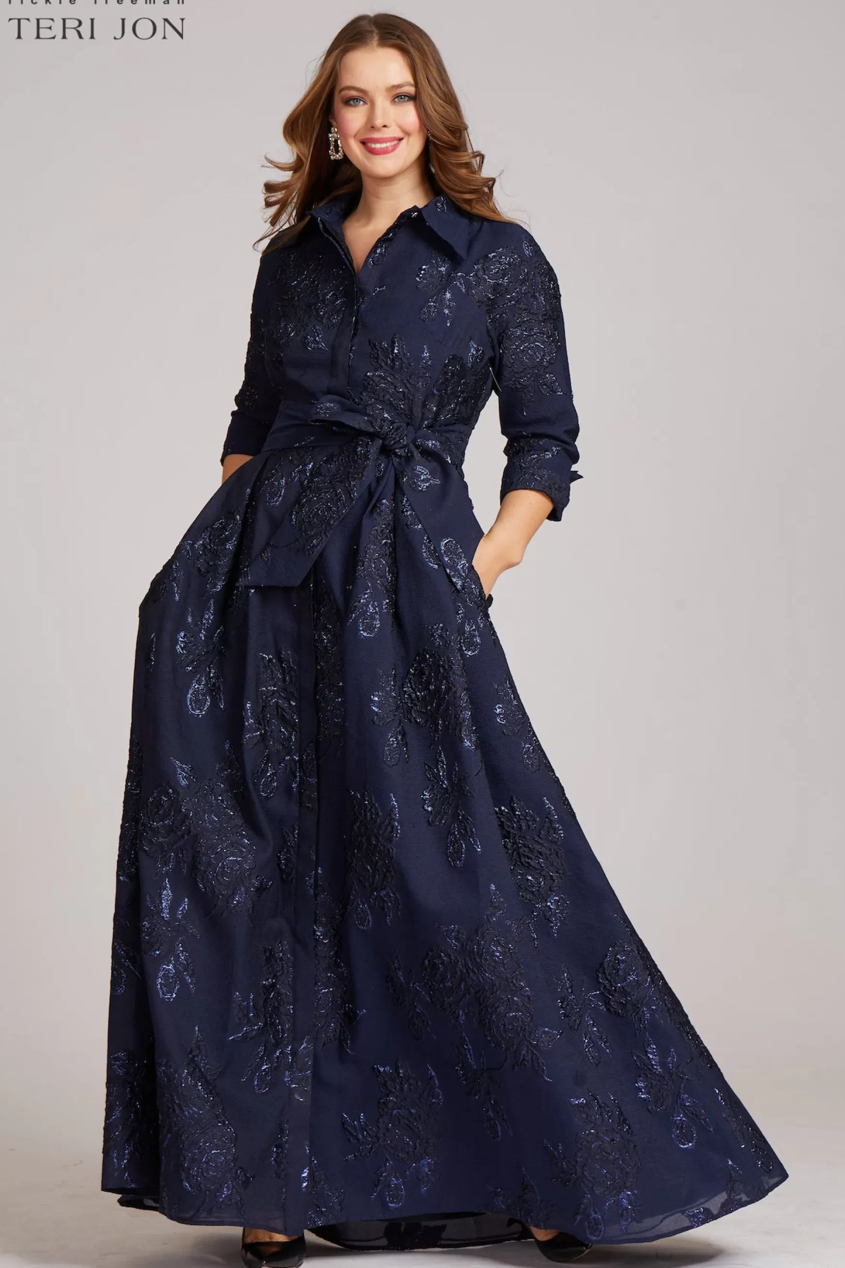 Plus Size Dresses | Evening & Formal Gowns*Teri Jon Metallic Jacquard Shirtdress Gown With Floral Print emerald | navy | champagne