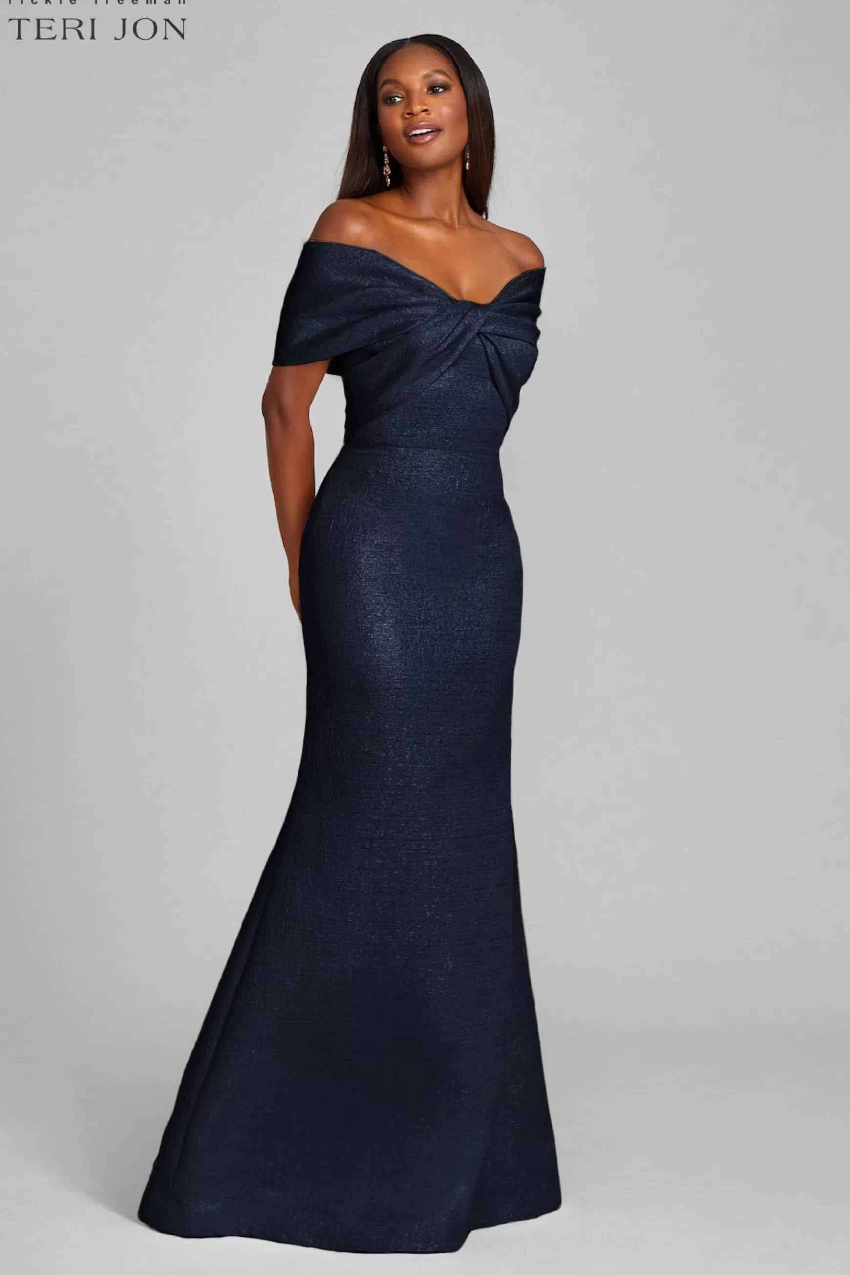 Rehearsal Dinner*Teri Jon Metallic Jacquard Twist Bodice Off Shoulder Gown light-gold | sapphire | rose-gold