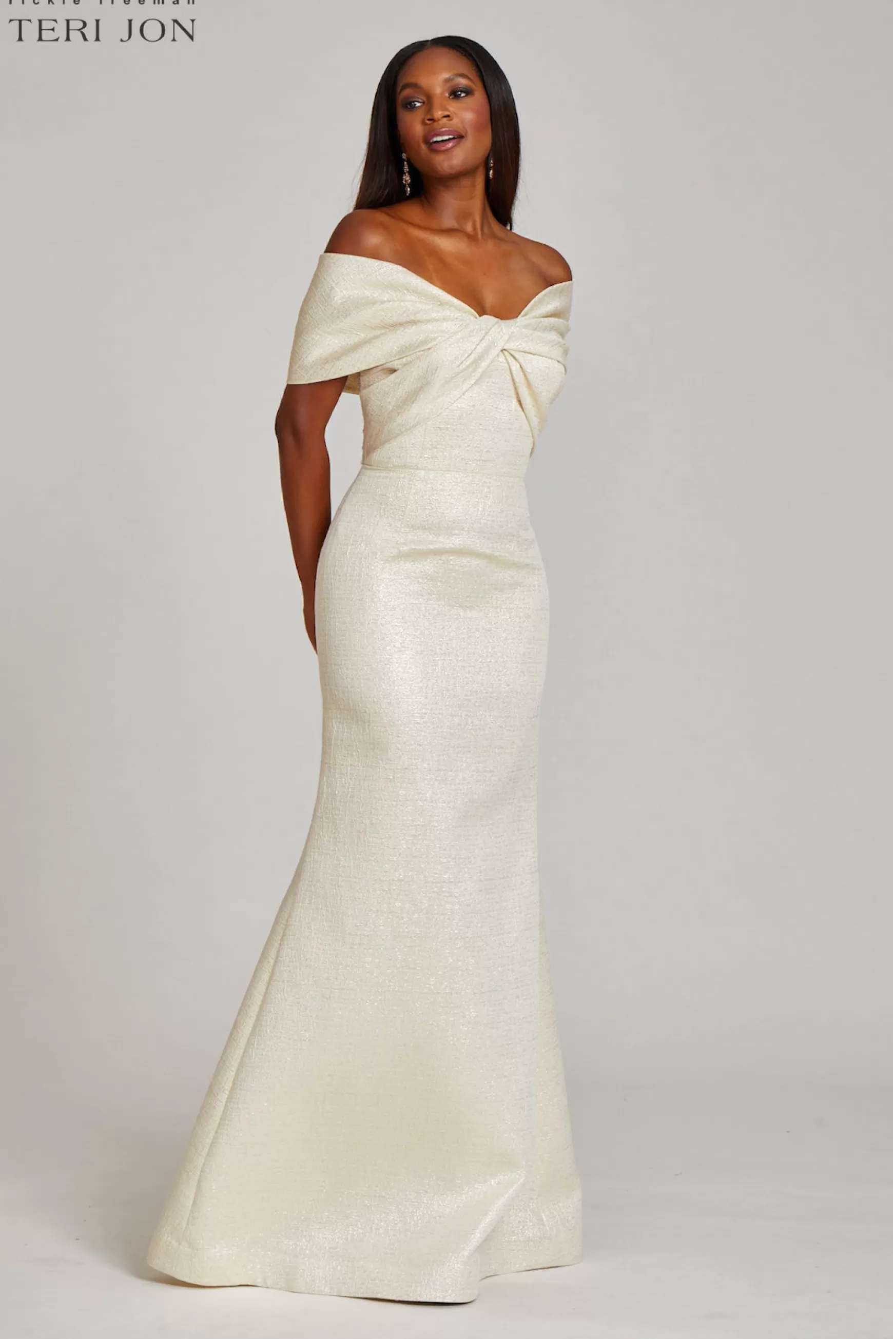 Rehearsal Dinner*Teri Jon Metallic Jacquard Twist Bodice Off Shoulder Gown light-gold | sapphire | rose-gold