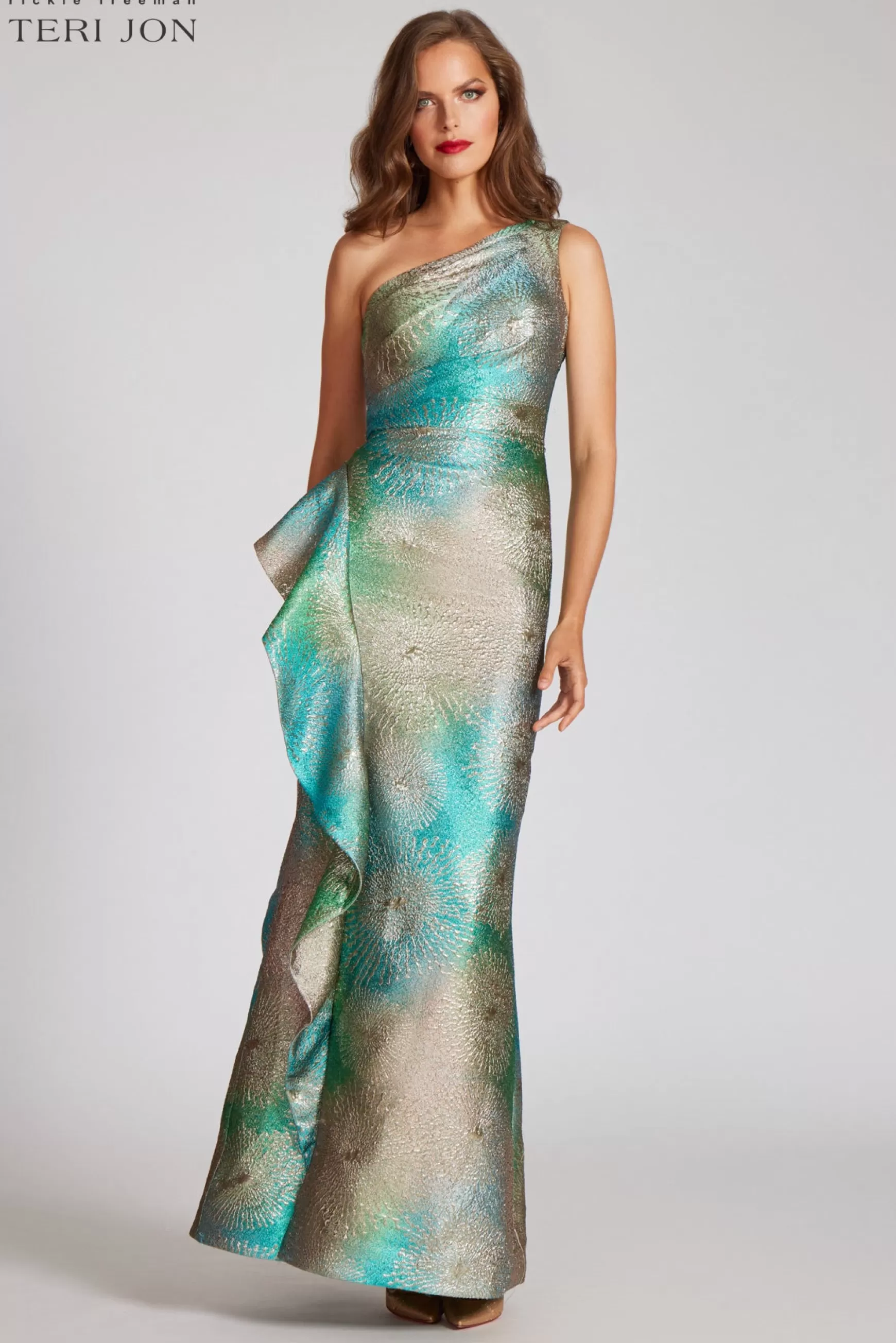 Evening & Formal Gowns*Teri Jon Metallic Starburst Pattern One Shoulder Gown Green Multi