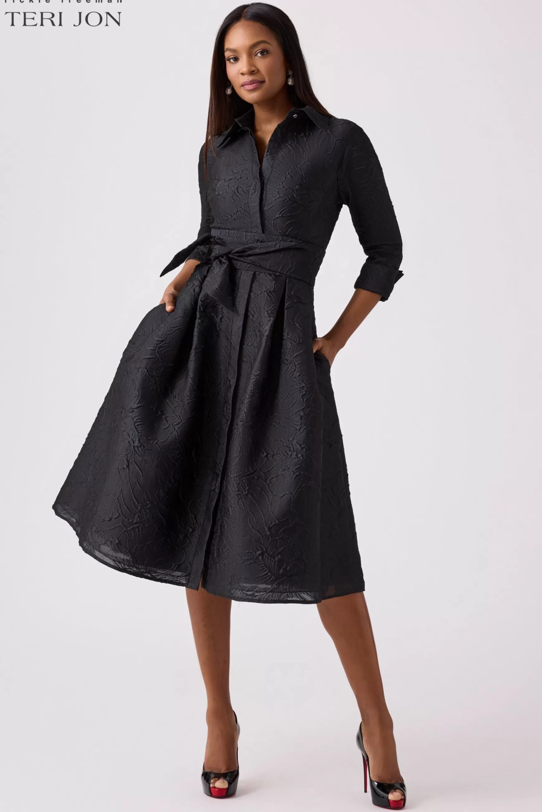 Cocktail & Party Dresses | Day Occasion*Teri Jon Metallic Tonal Jacquard Shirt Dress slate-blue | black