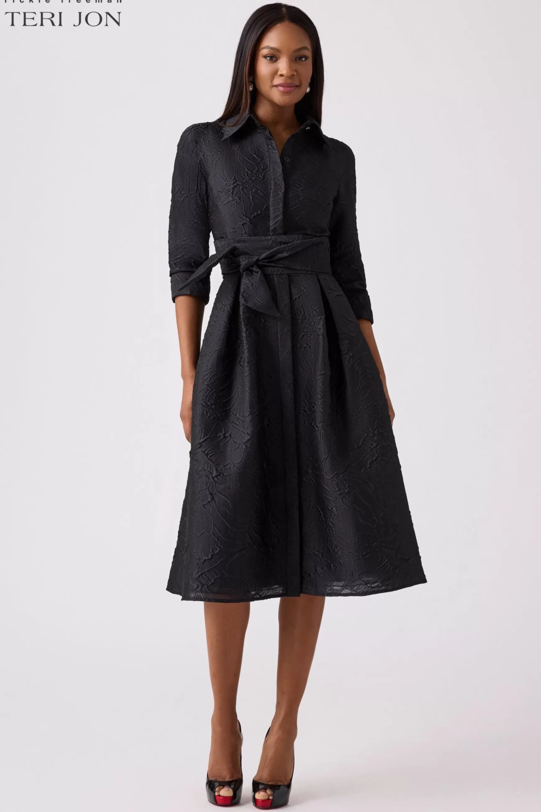 Cocktail & Party Dresses | Day Occasion*Teri Jon Metallic Tonal Jacquard Shirt Dress slate-blue | black