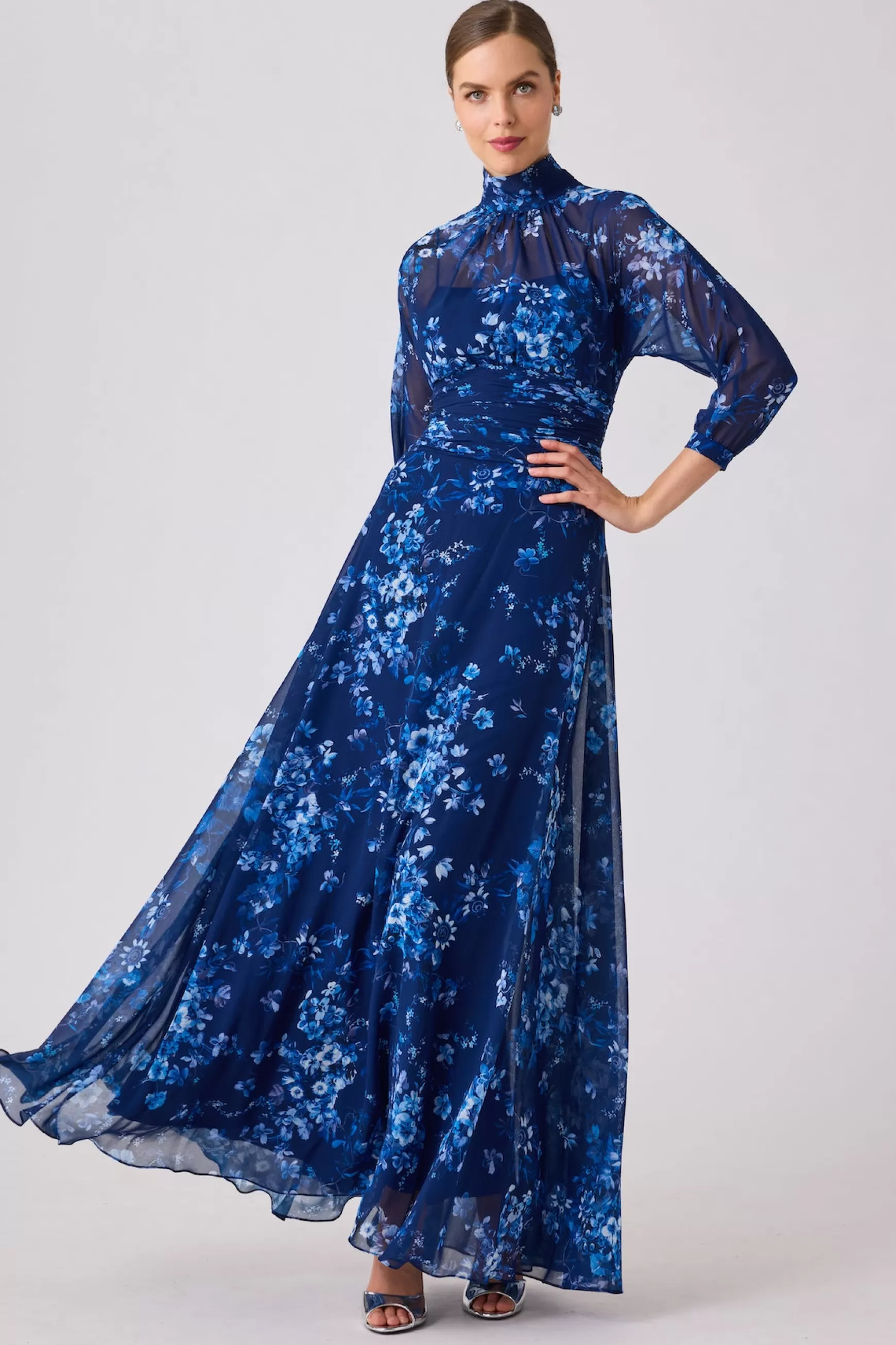 Evening & Formal Gowns | Guest of Wedding*Teri Jon Mock Neck Chiffon Gown Navy Multi