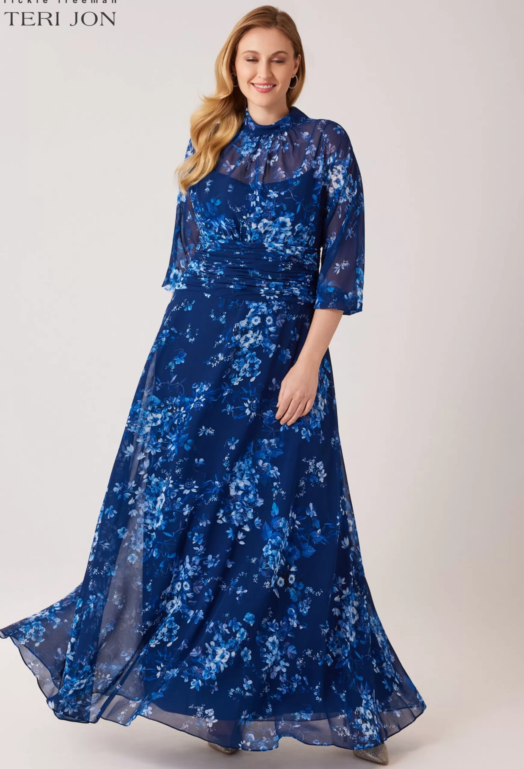 Evening & Formal Gowns | Guest of Wedding*Teri Jon Mock Neck Chiffon Gown Navy Multi