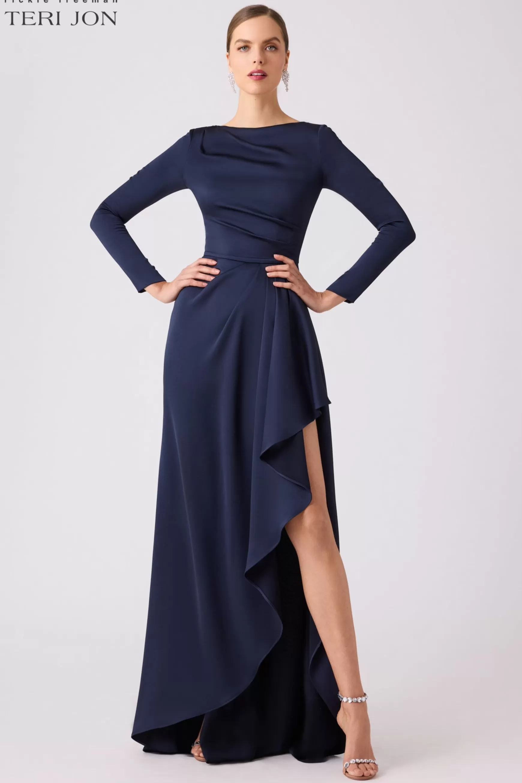 Coming Soon | Evening & Formal Gowns*Teri Jon Long Sleeve Front Drape Gown Navy