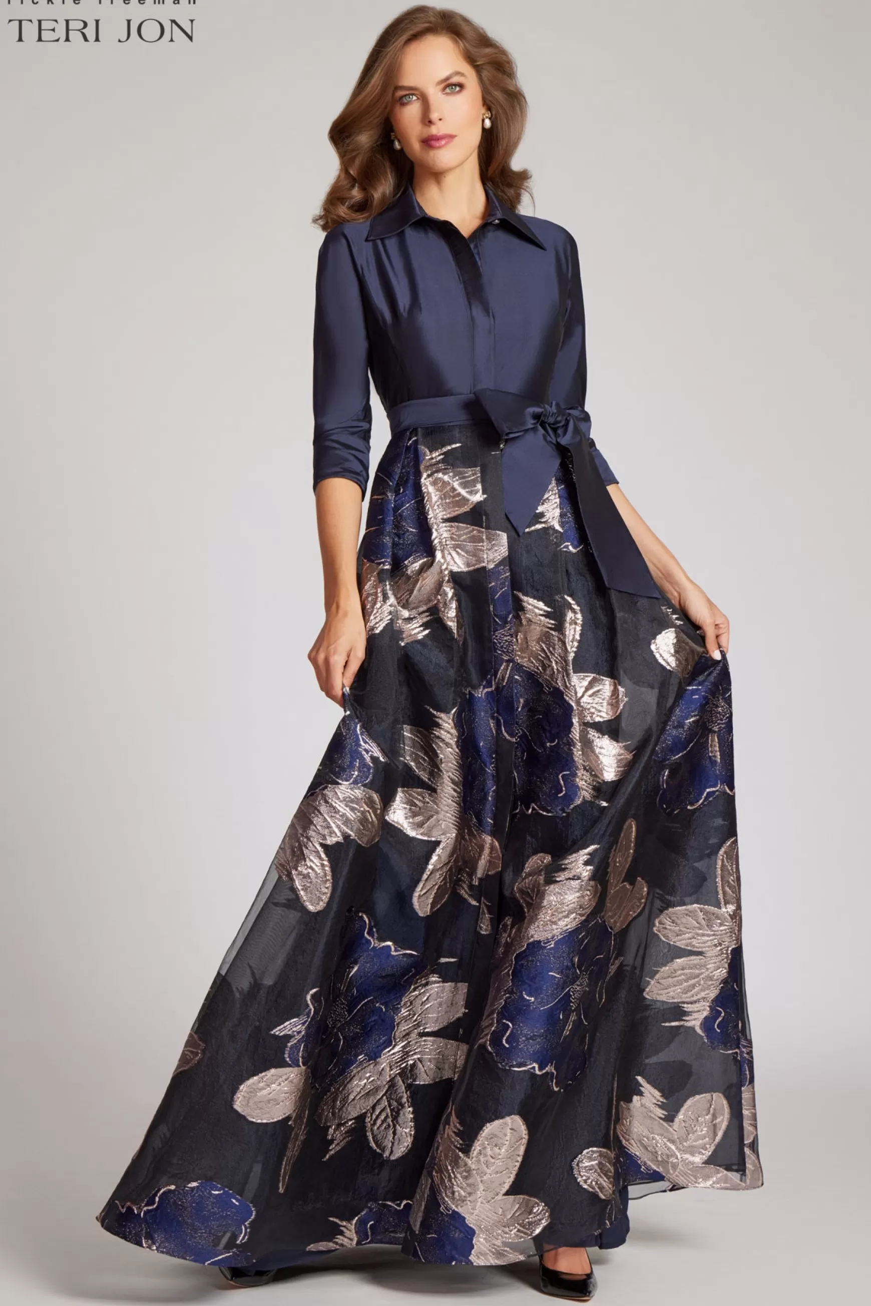 Evening & Formal Gowns*Teri Jon Navy Taffeta Shirtdress With Burnout Floral Print Navy Multi