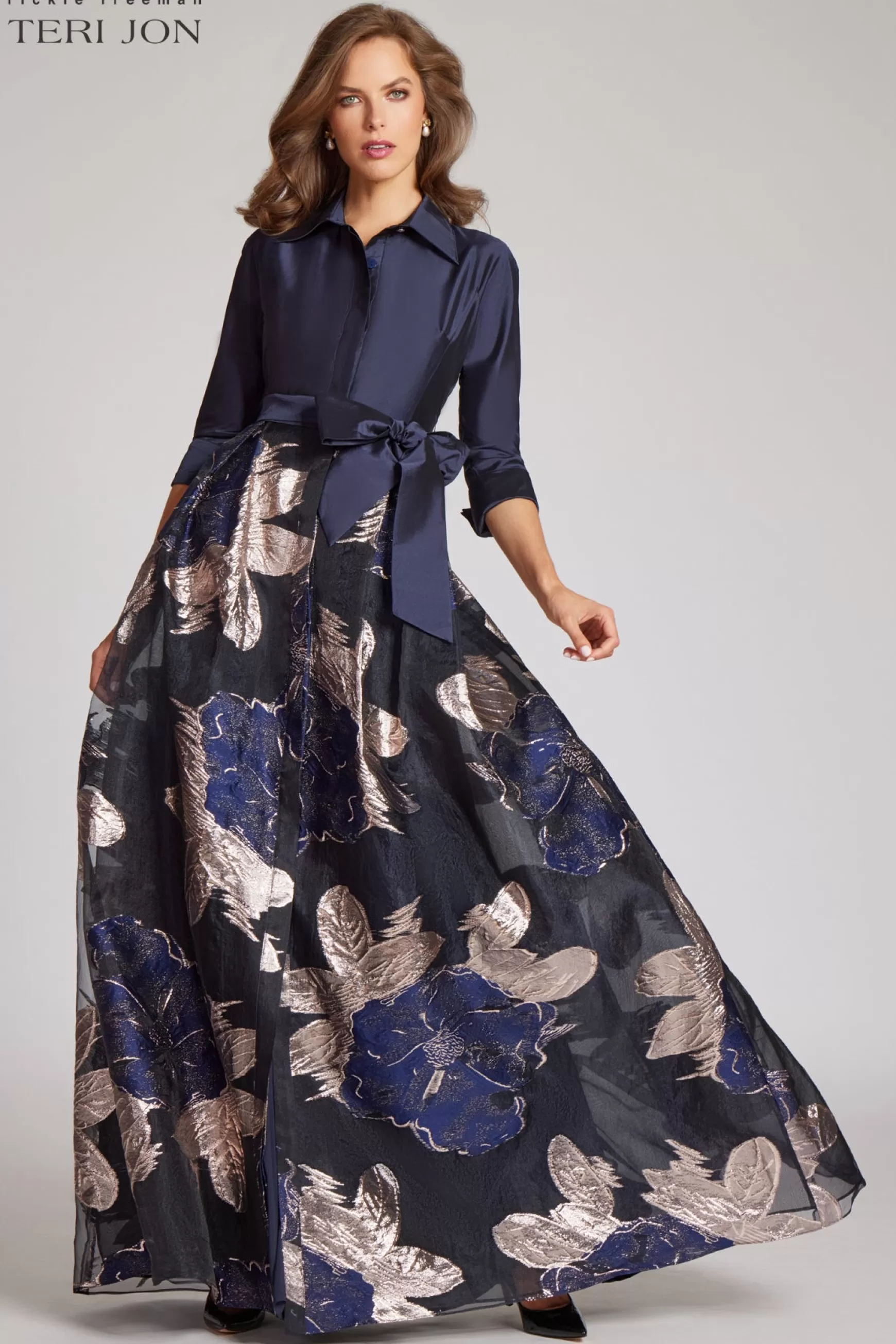 Evening & Formal Gowns*Teri Jon Navy Taffeta Shirtdress With Burnout Floral Print Navy Multi