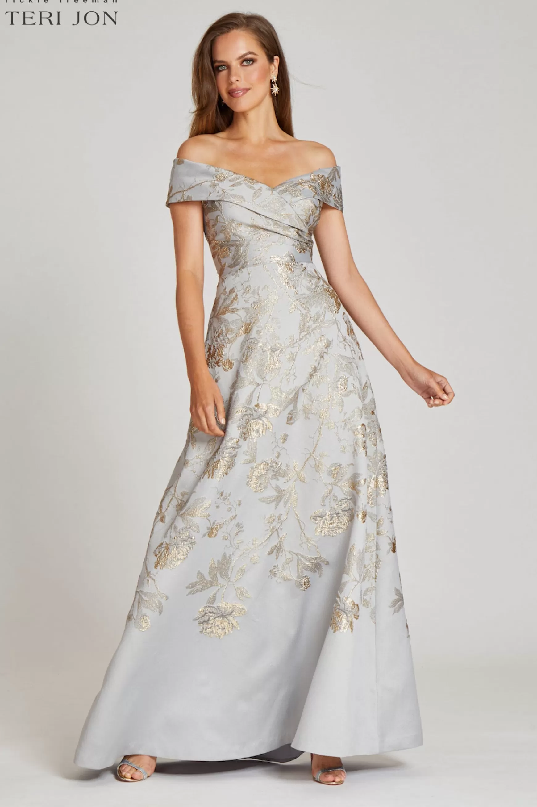 Evening & Formal Gowns*Teri Jon Off Shoulder Metallic Jacquard A Line Gown aqua-gold | platinum