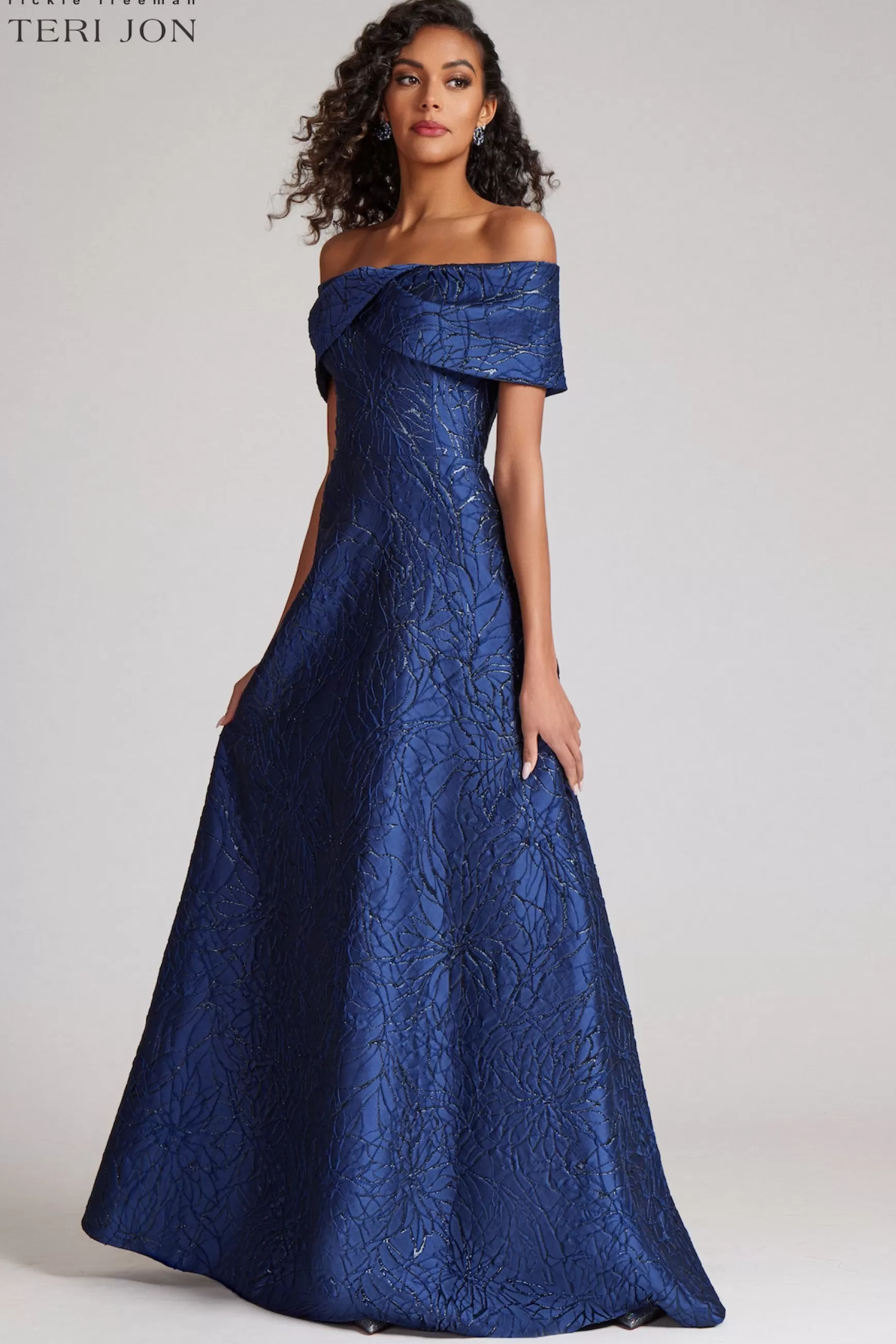 Plus Size Dresses | Evening & Formal Gowns*Teri Jon Off Shoulder Portrait Metallic Jacquard Aline Sapphire Black