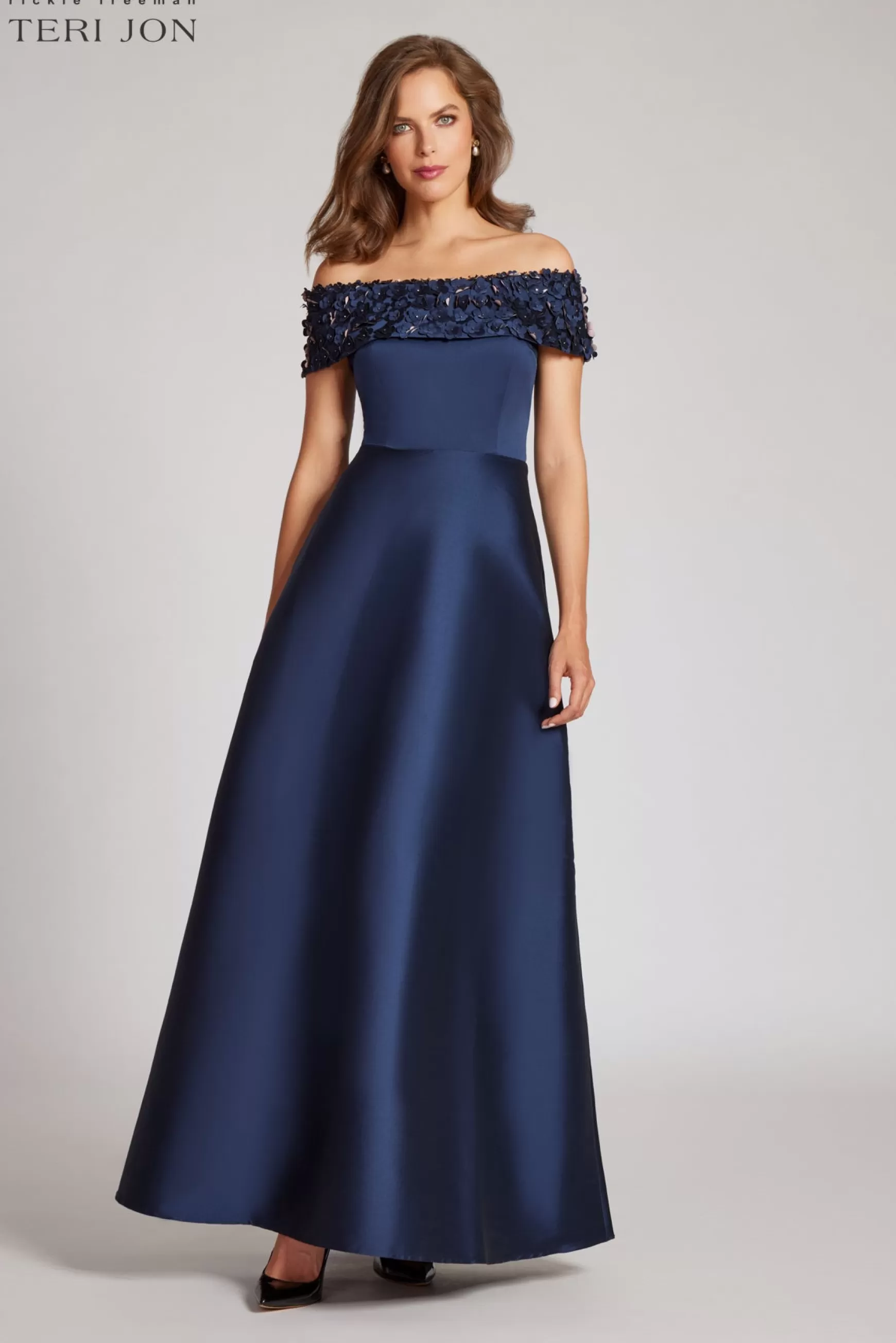 Evening & Formal Gowns*Teri Jon Off Shoulder Stretch Gazar Gown Navy