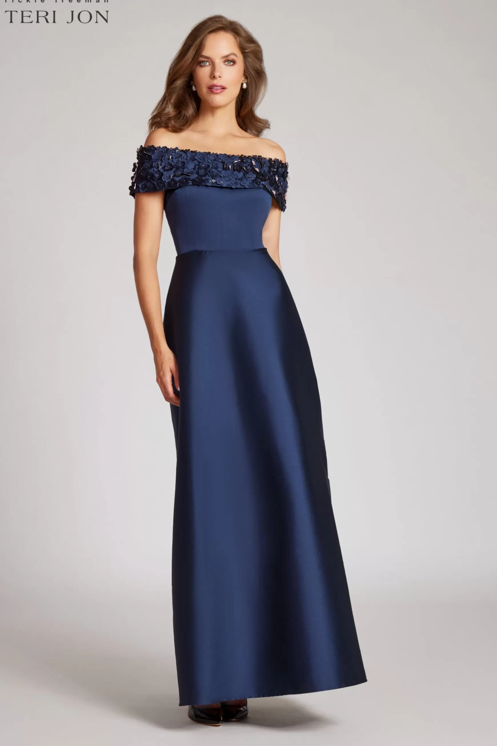 Evening & Formal Gowns*Teri Jon Off Shoulder Stretch Gazar Gown Navy