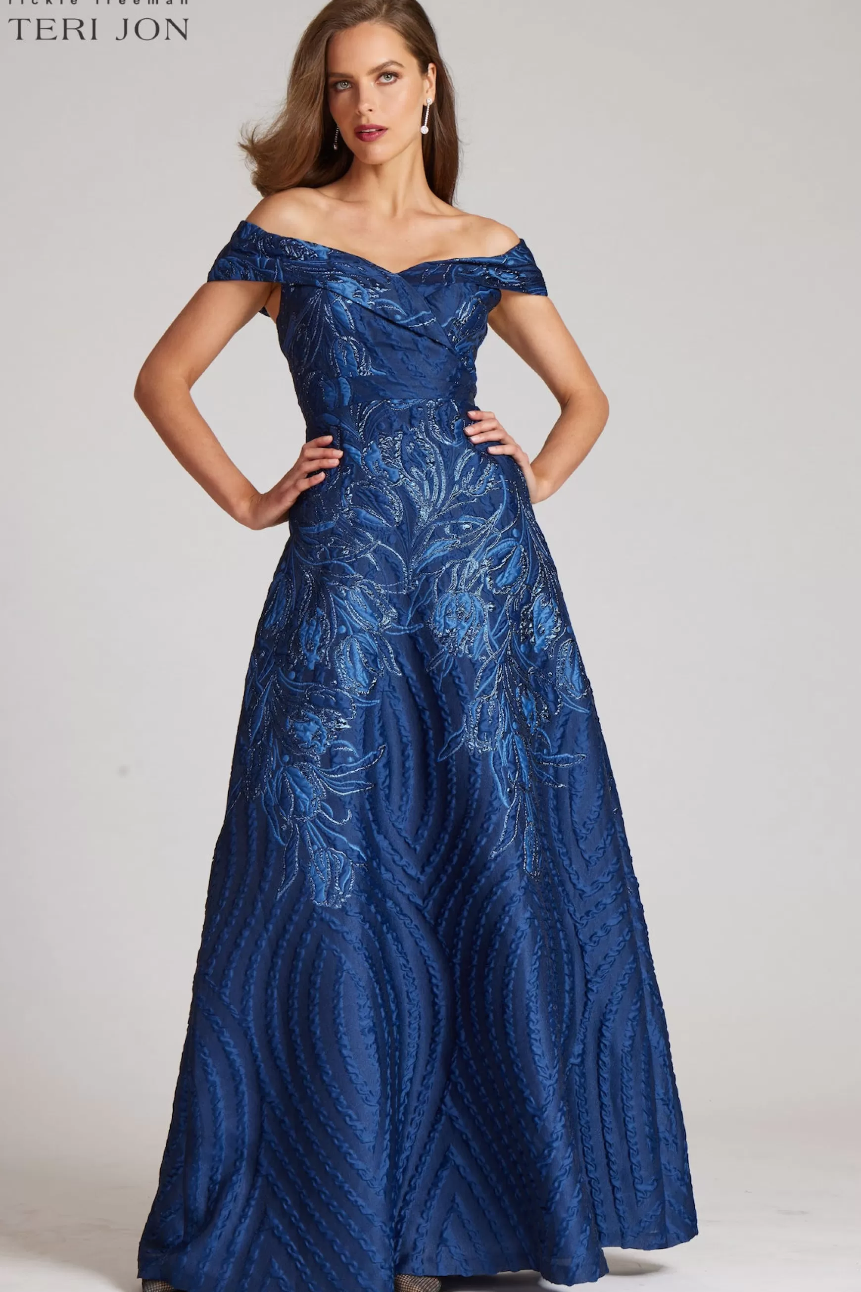 Plus Size Dresses*Teri Jon Off Shoulder Textured Metallic Jacquard Gown gold | navy | seafoam